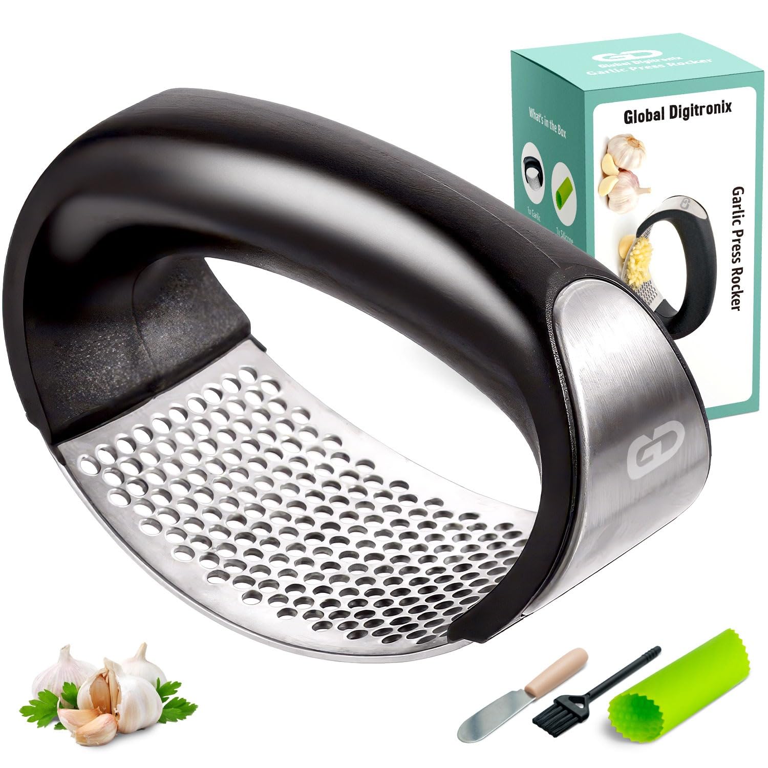 Garlic press rocker, crusher, mincer tool stainless steel with a Garlic Peeler, spatula, and Brush extract more Garlic Paste. The Garlic Mincer Tool Squeezes, Extracts, Crushes