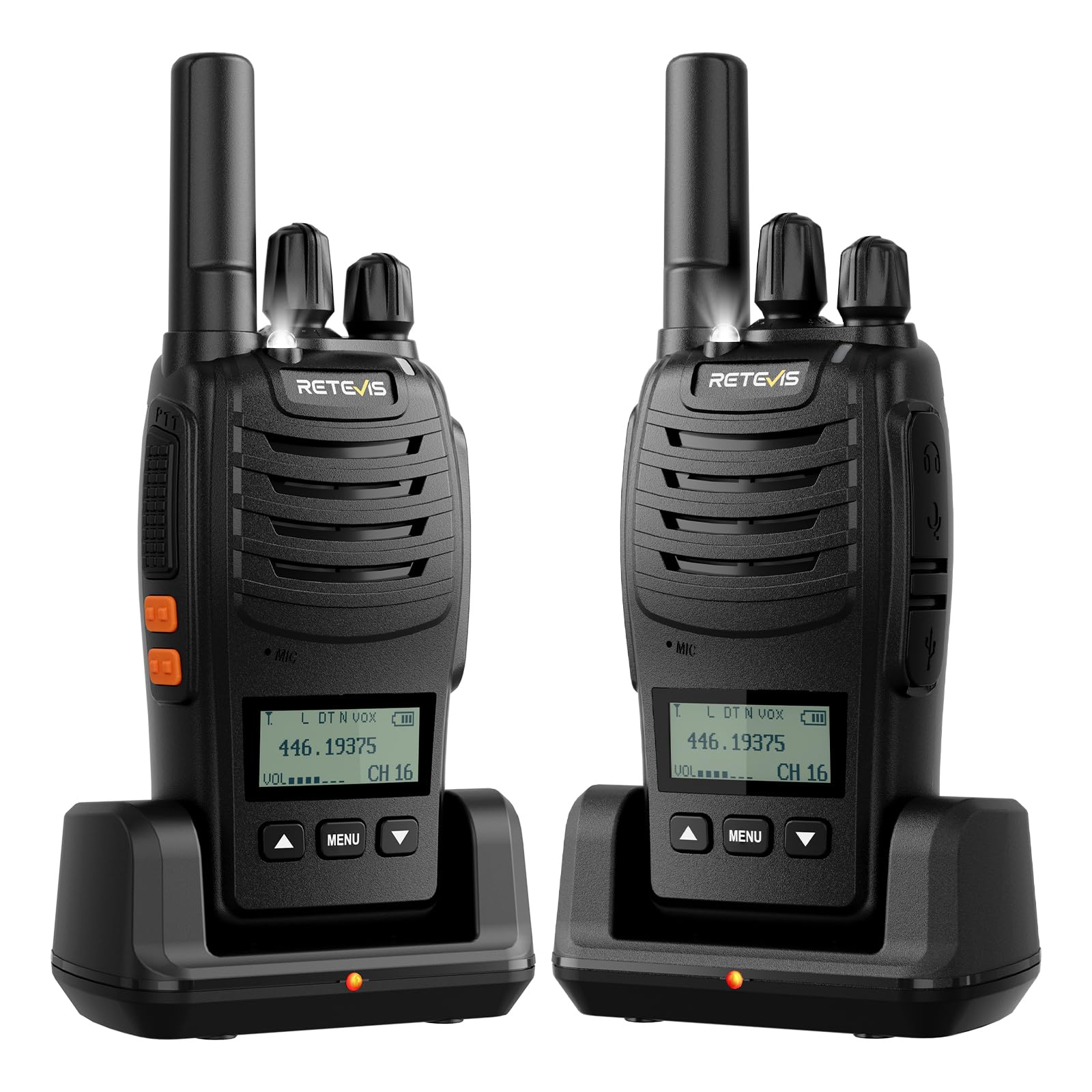 Retevis H777D Walkie Talkie con Schermo LCD, PMR446, Ricarica Tipo C, 1200 mAh, Allarme di Emergenza, Radio Bidirezionale Portatile per Avventure in Campeggio e in Bicicletta (Confezione da 2, Nero)