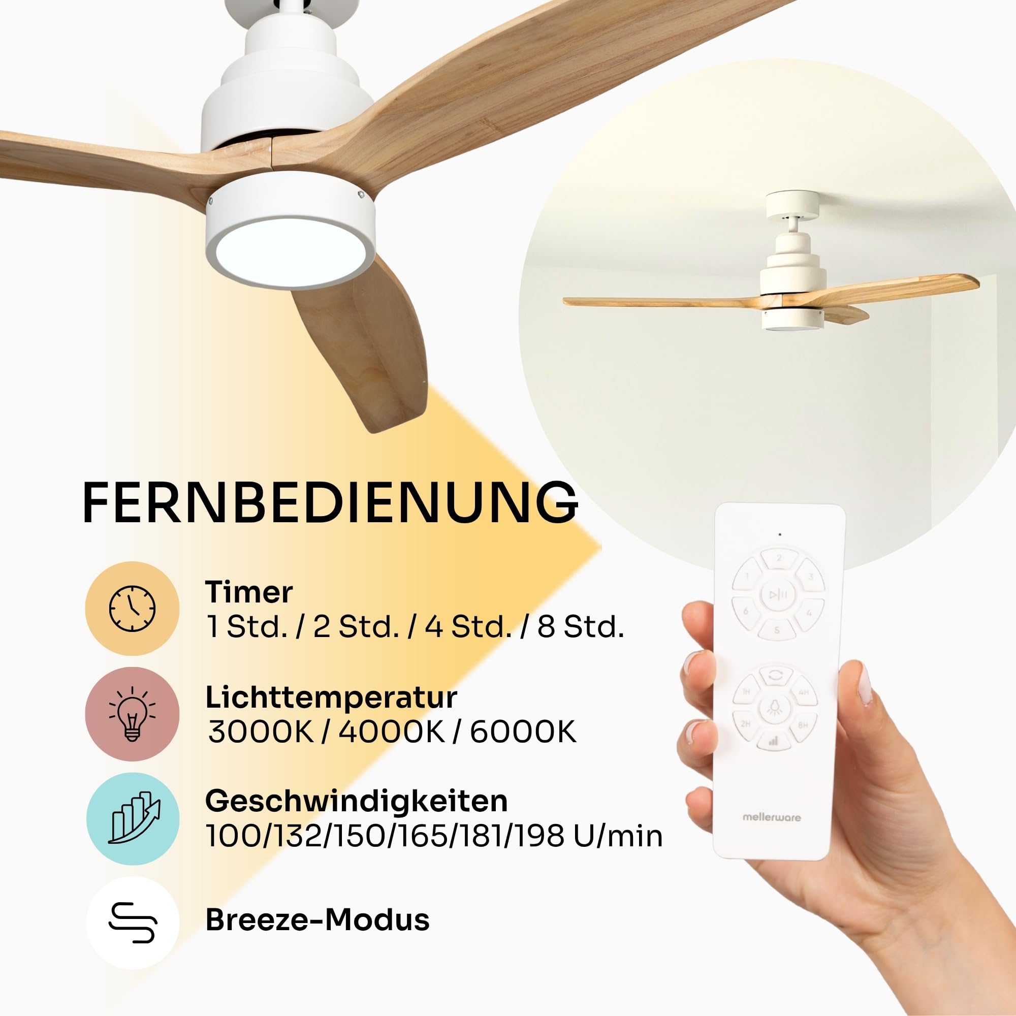 Mellerware - Deckenventilator mit Fernbedienung Brizy Bright | 45 W | 6 Geschwindigkeiten | Ultra leise | 3 Flügel 132 Durchmesser | Sommer-Winter-Funktion | Timer | LED | Lightwood