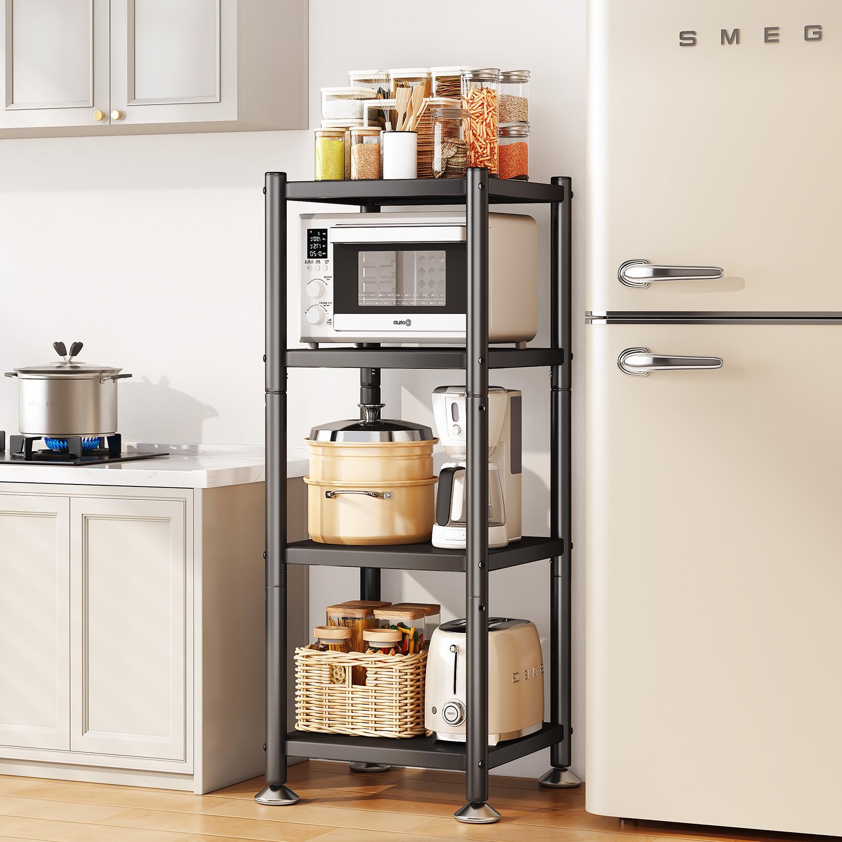 PXRACK Storage Shelves with Rolling Wheels, Adjustable 4 Tier Metal Shelving Unit for Storage Heavy Duty, Small Storage Rack Shelf for Corner of The