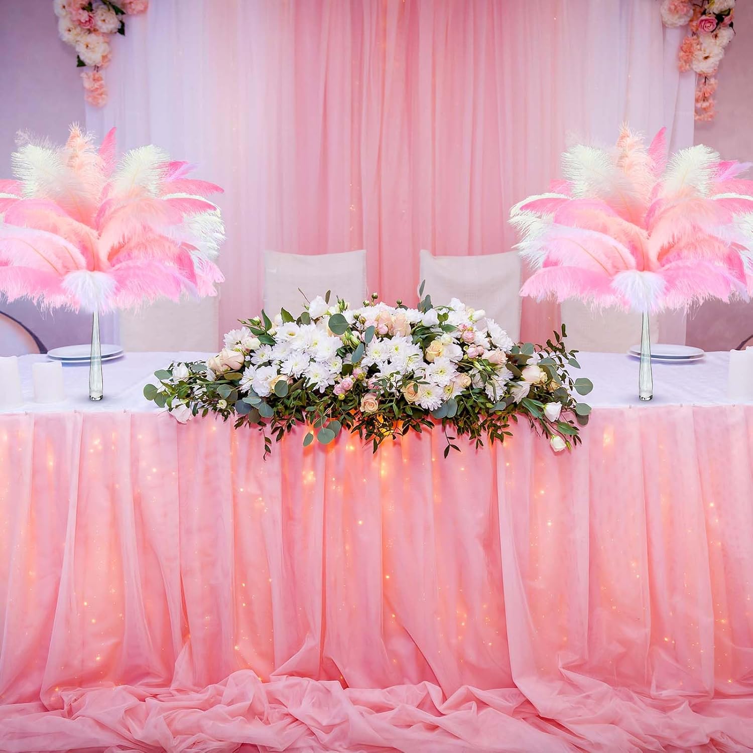 Juexica 80 Set Natural Ostrich Feathers Bulk with Iron Wire for Centerpieces Boho Large 10 to 12 Inch Feathers for Vase Wedding Party Floral Arrangement Home Decorations (Pink, Light Pink, White)