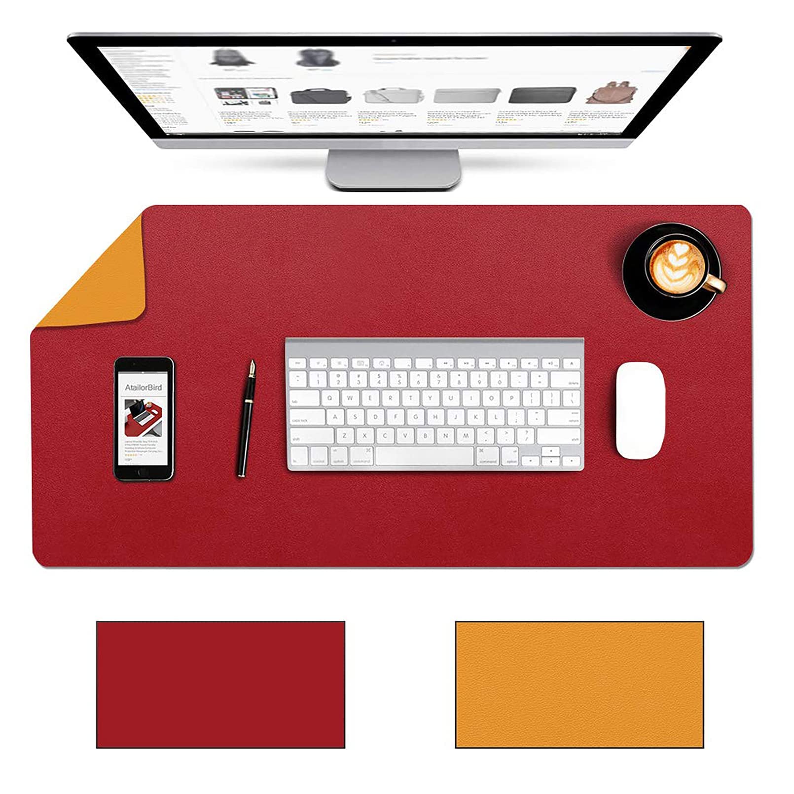 Alfombrilla Ratón, Almohadilla Raton Protector Escritorio Hecho De Cuero PU Impermeable Protector Mesa Escritorio La Oficina Y El Hogar Doble Cara Rojo + Amarillo 110x140cm/43.31x55.12in