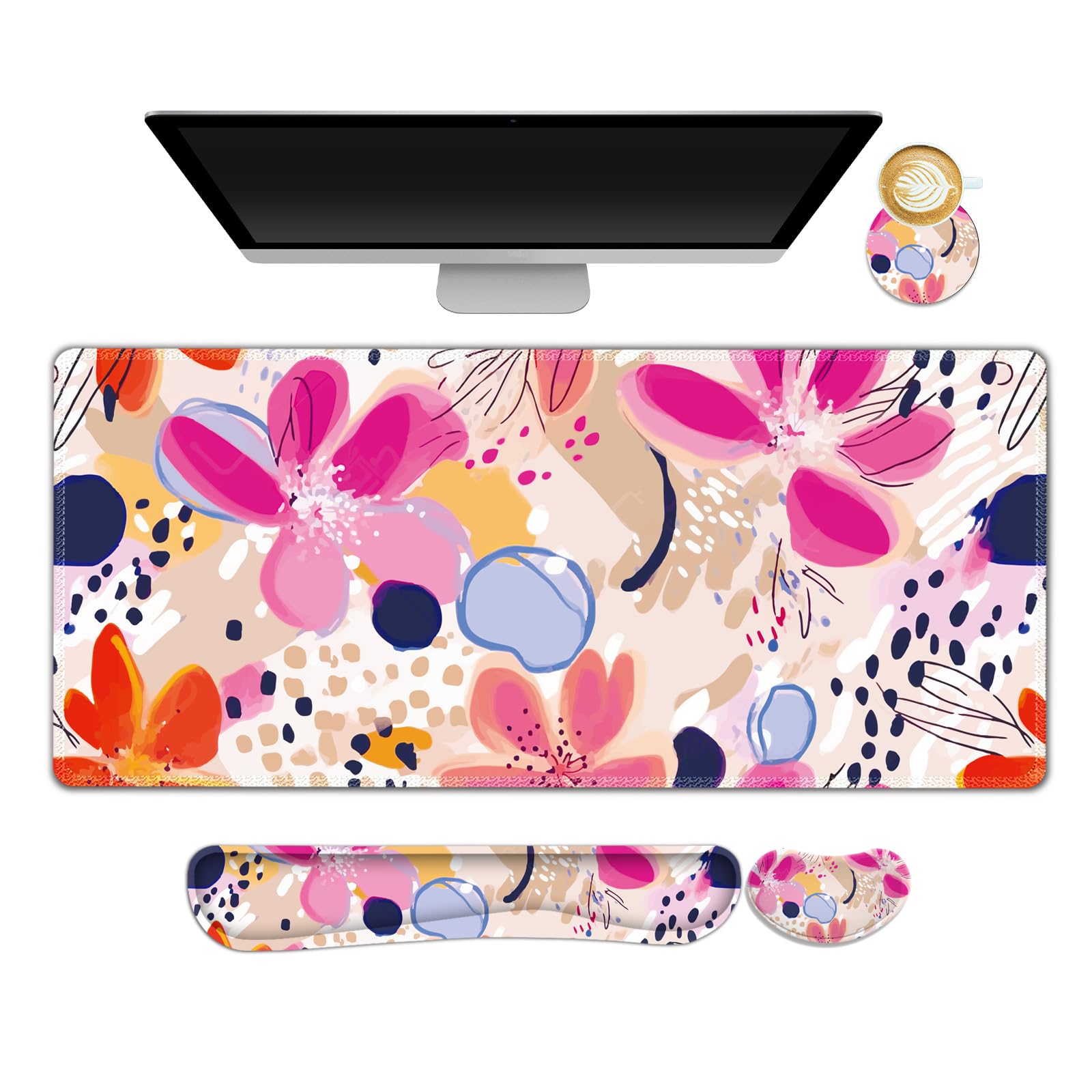 ARTSO Keyboard Wrist Rest Mouse Pad Set Extended Gaming Mouse Pad Keyboard Wrist Support Memory Foam Ergonomic Abstract