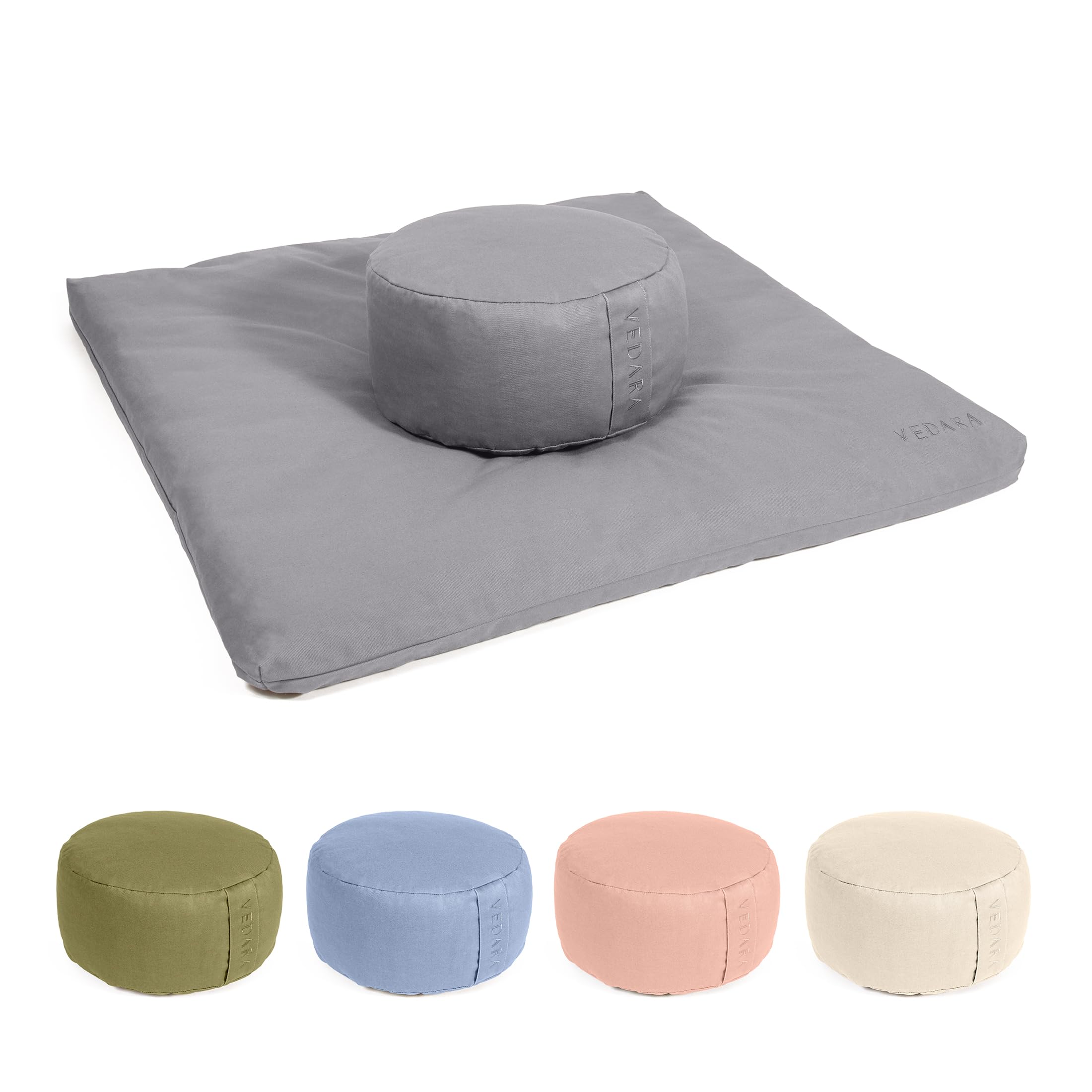 Vedara® Meditationsset Yogakissen Meditationsmatte Zabuton Kissen Rund – Waschbarer Bezug aus 100% robuster Baumwolle – Yoga Sitzkissen mit Bio-Dinkelspelzfüllung – Sitzhöhe 15cm