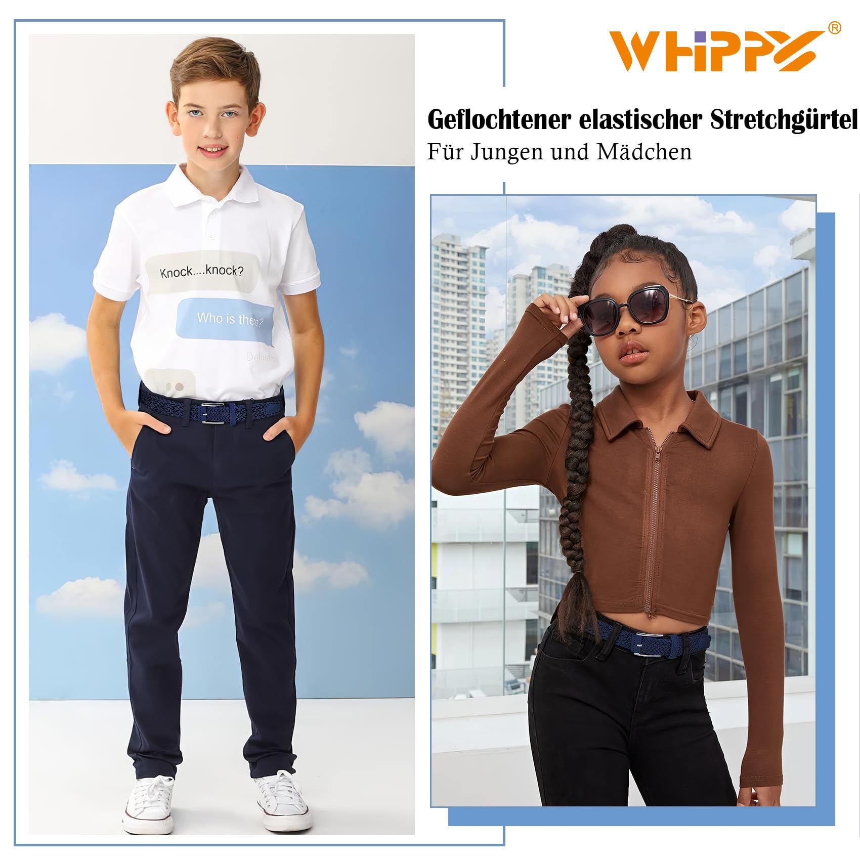 WHIPPY Kinder Gürtel Elastik Unisex Geflochtener elastischer Stretch Gürtel gewebter gürtel für Jungen und Mädchen Endspitze aus Leder mit Dornschließe, 3 cm breite