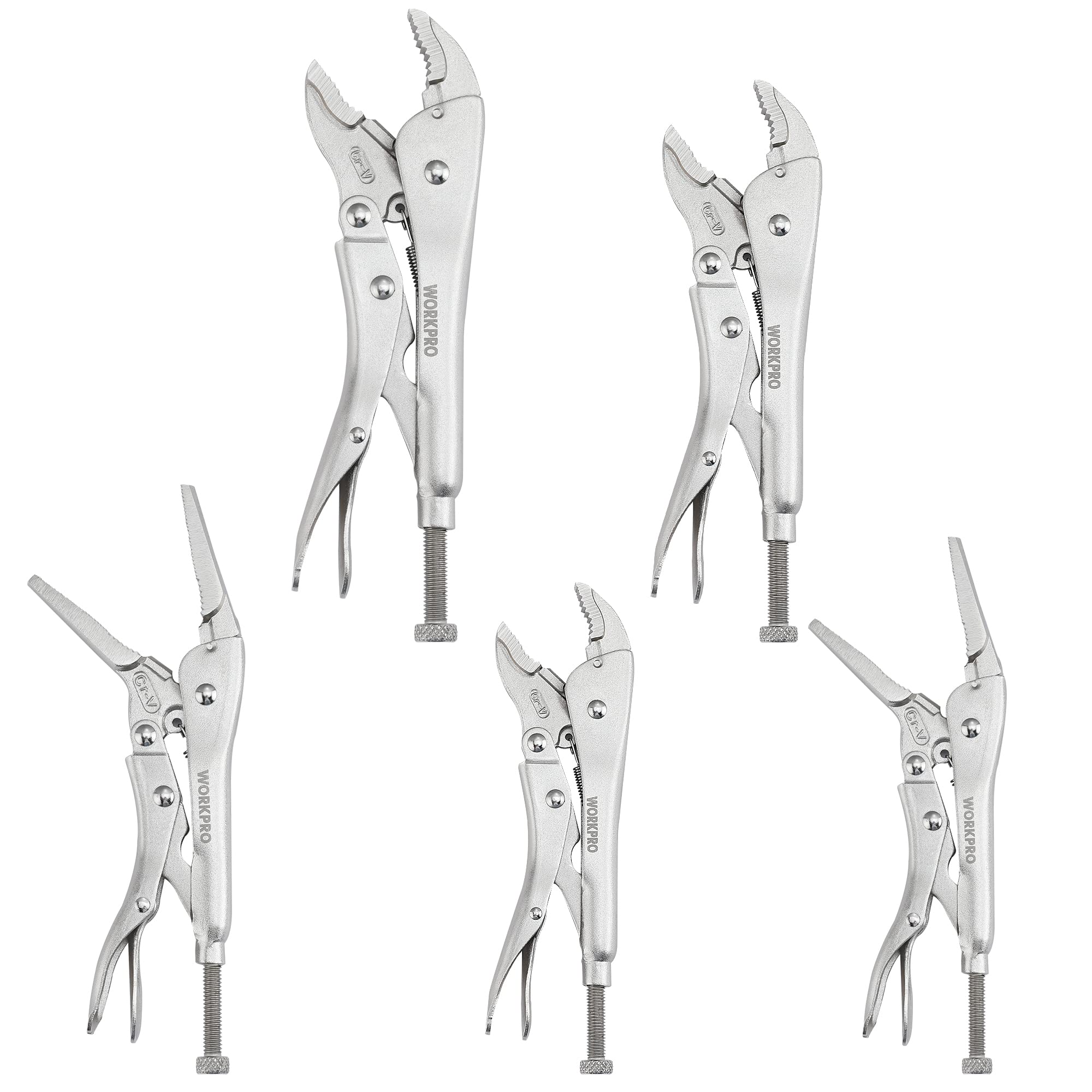 WORKPRO 5 Piezas Juego de Alicates de Bloqueo, Pinzas de Presión Acero Cr-V, Alicates de Fijación, Mandíbula Curvada de 15cm, 20cm y 27cm, Mandíbula Recta de 30cm y 32cm