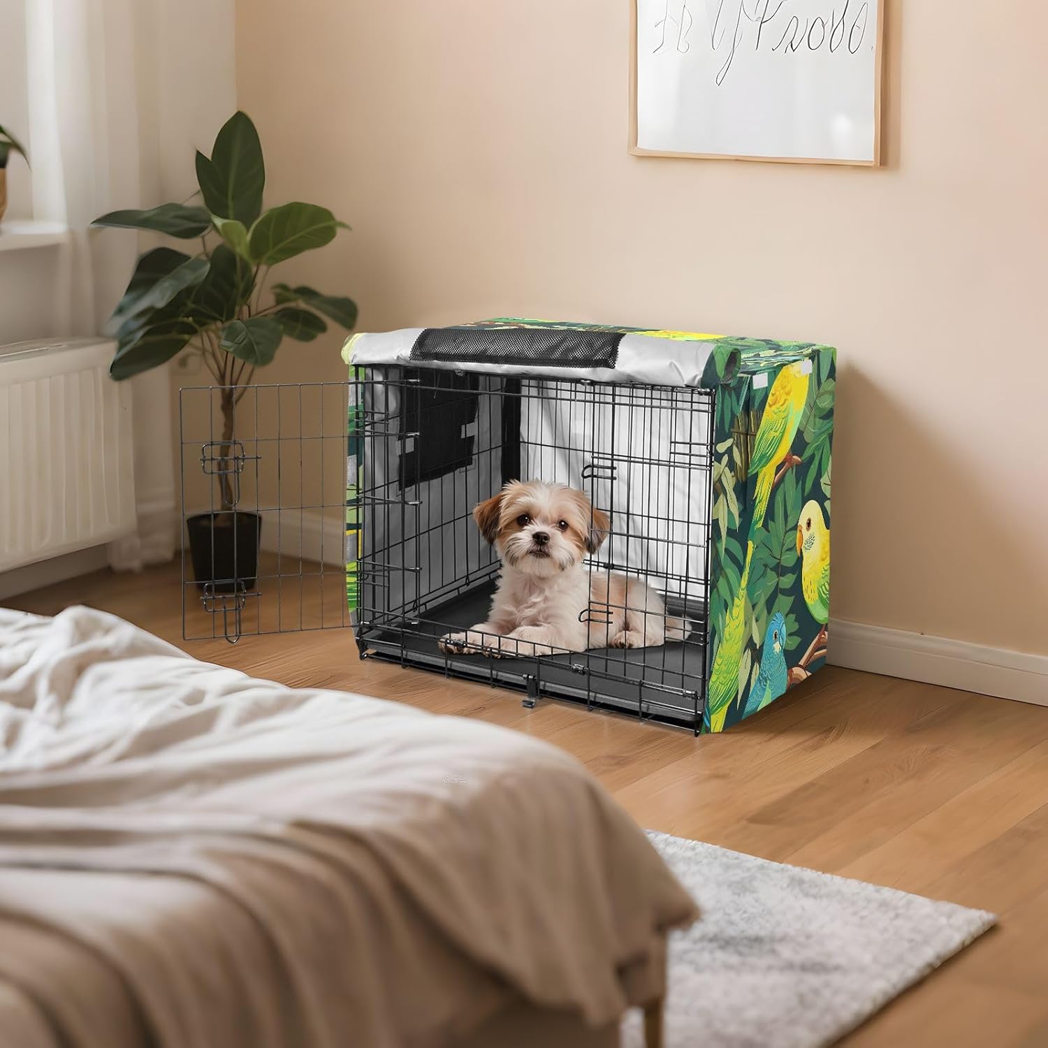 Green Yellow Parrots Leaves Dog Crate Cover Wind-Resistant, S-XL Water-Resistant Crate Cover for Dog, Large