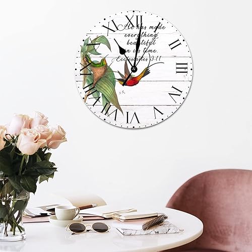 Miniatura 90 de ArogGeld He Made Everything Beautiful - Reloj de pared de PVC con flores rosadas, colibrí, reloj de pared grande con cita y números romanos, reloj