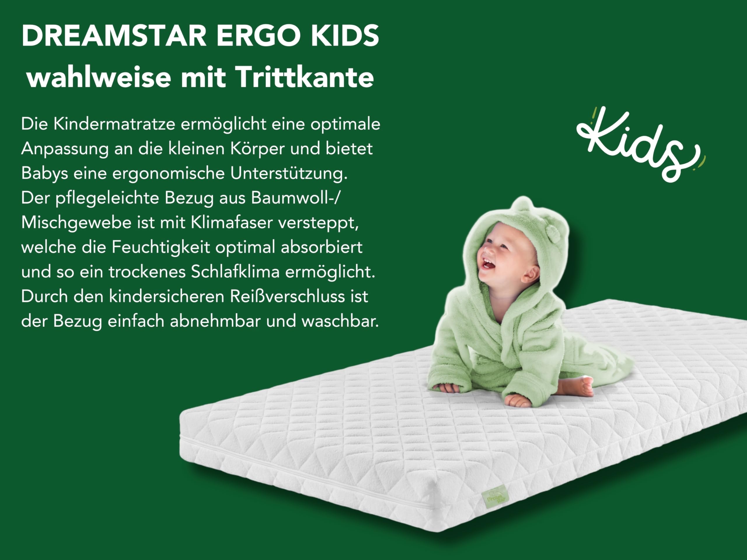 DREAMSTAR Ergo Kids Junior Babymatratze und Kindermatratze | Öko-TEX® | hautfreundlicher Bezug abnehmbar und waschbar bei 95 Grad | 80 x 160 cm