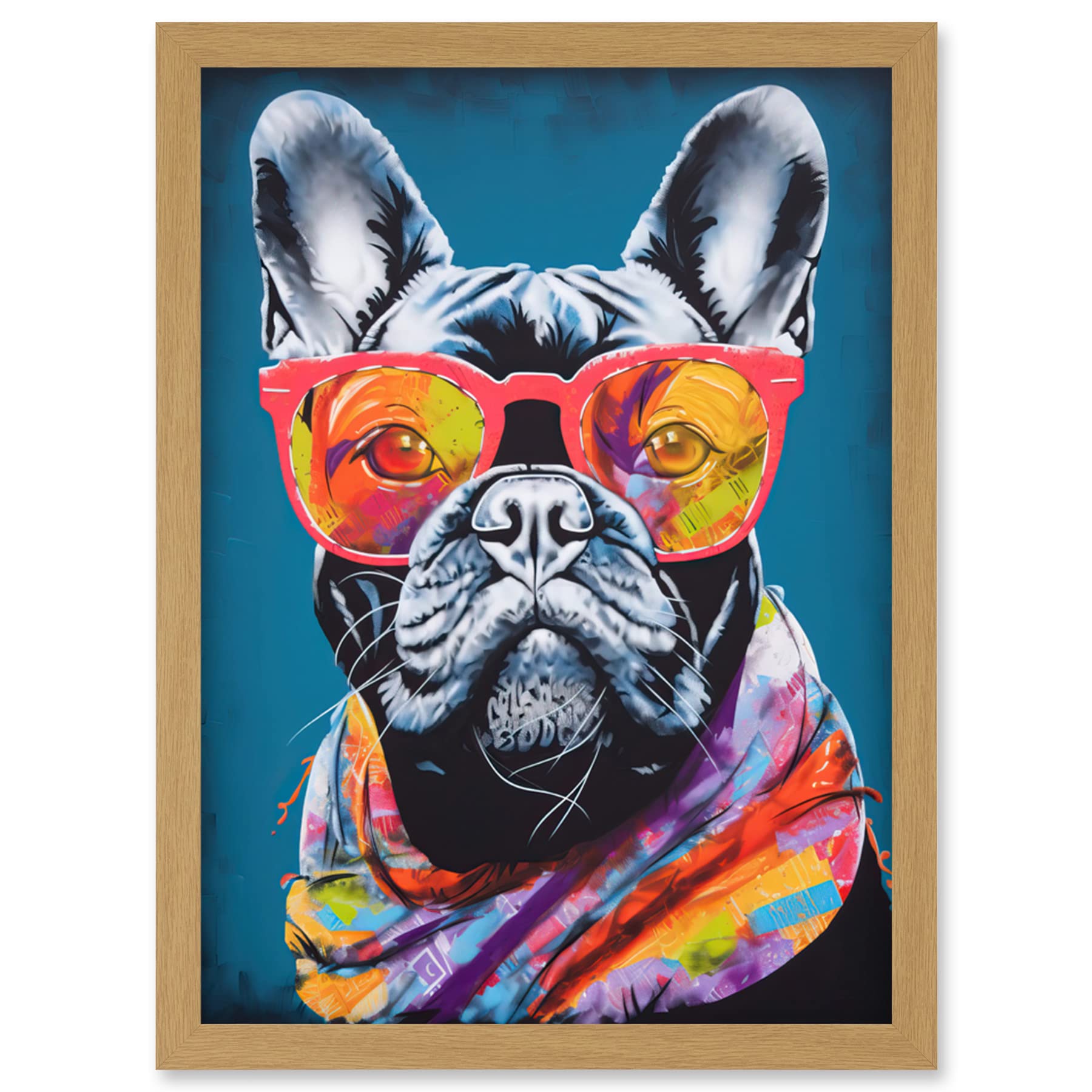 Artery8 English Bulldog with Neon Bandana and Sunglasses Artwork Framed Wall Art Print A4