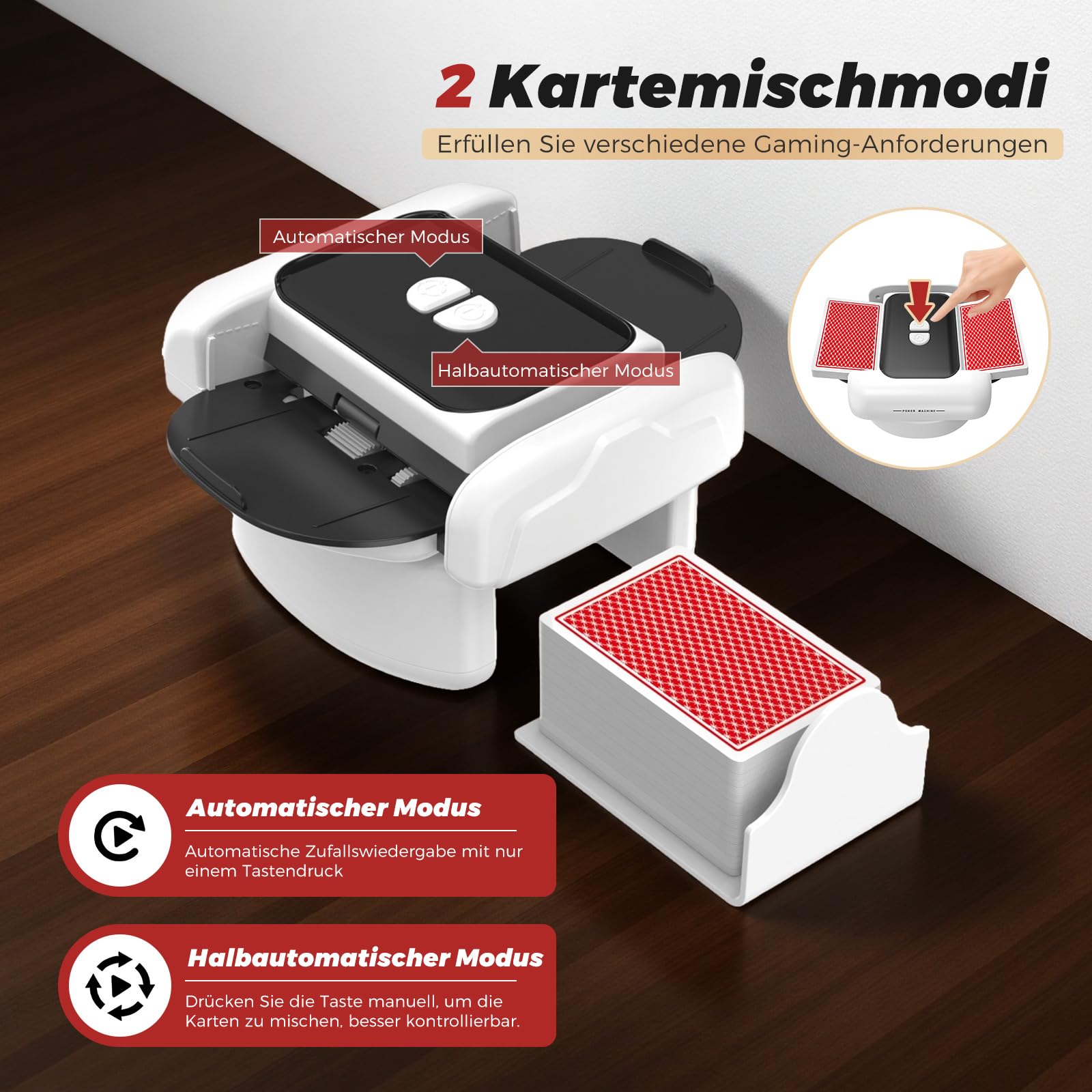 Automatischer Kartenmischer, 2 Laufmodi, Aufladbar mit Langzeit-Batterie, Geräuschlos, für UNO, Poker, Black Jack Karten, Schwarz (Schwarz & Weiß)
