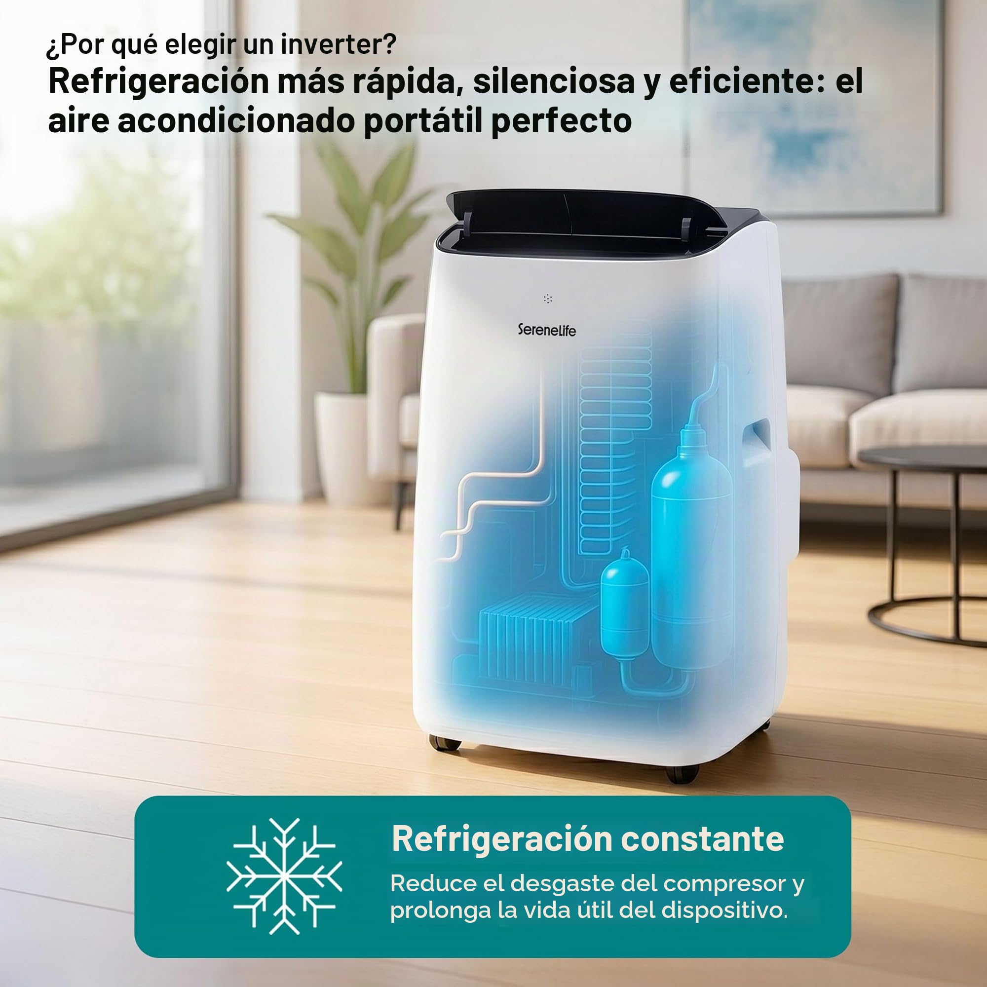 SereneLife Aire Acondicionado Inverter Móvil 12000 BTU WiFi 4 en 1: Refrigeración, Calefacción, Deshumidificación y Ventilación, Kit de Ventana, Ruedas, Silencioso,