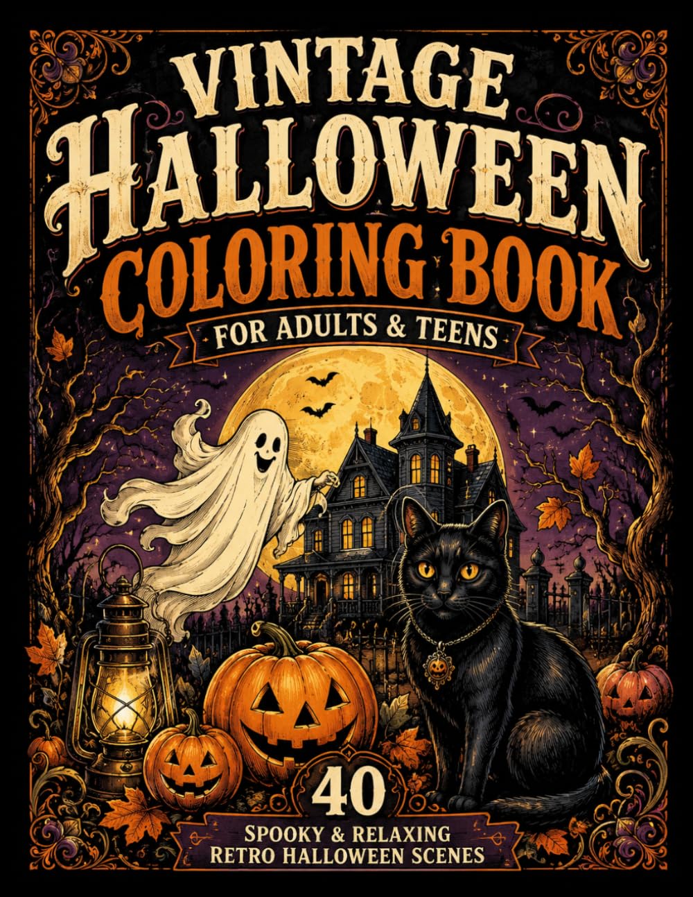 Vintage Halloween Coloring Book for Adults and Teens: 40 Spooky and Relaxing Retro Scenes with Ghosts, Black Cats, Haunted Houses, Pumpkins, Witches and Cozy Autumn Nights
