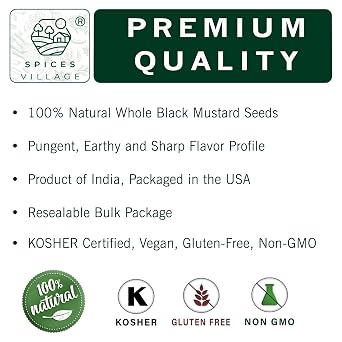 SPICES VILLAGE Black Mustard Seeds, 8 oz, Whole Mustard Spice for Pickling and Chutney, Kosher, Gluten Free, Non GMO, Resealable Bulk Bag