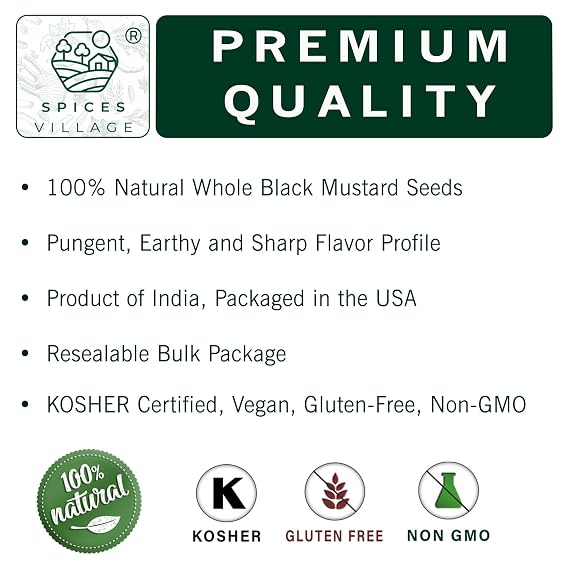 SPICES VILLAGE Black Mustard Seeds, 8 oz, Whole Mustard Spice for Pickling and Chutney, Kosher, Gluten Free, Non GMO, Resealable Bulk Bag