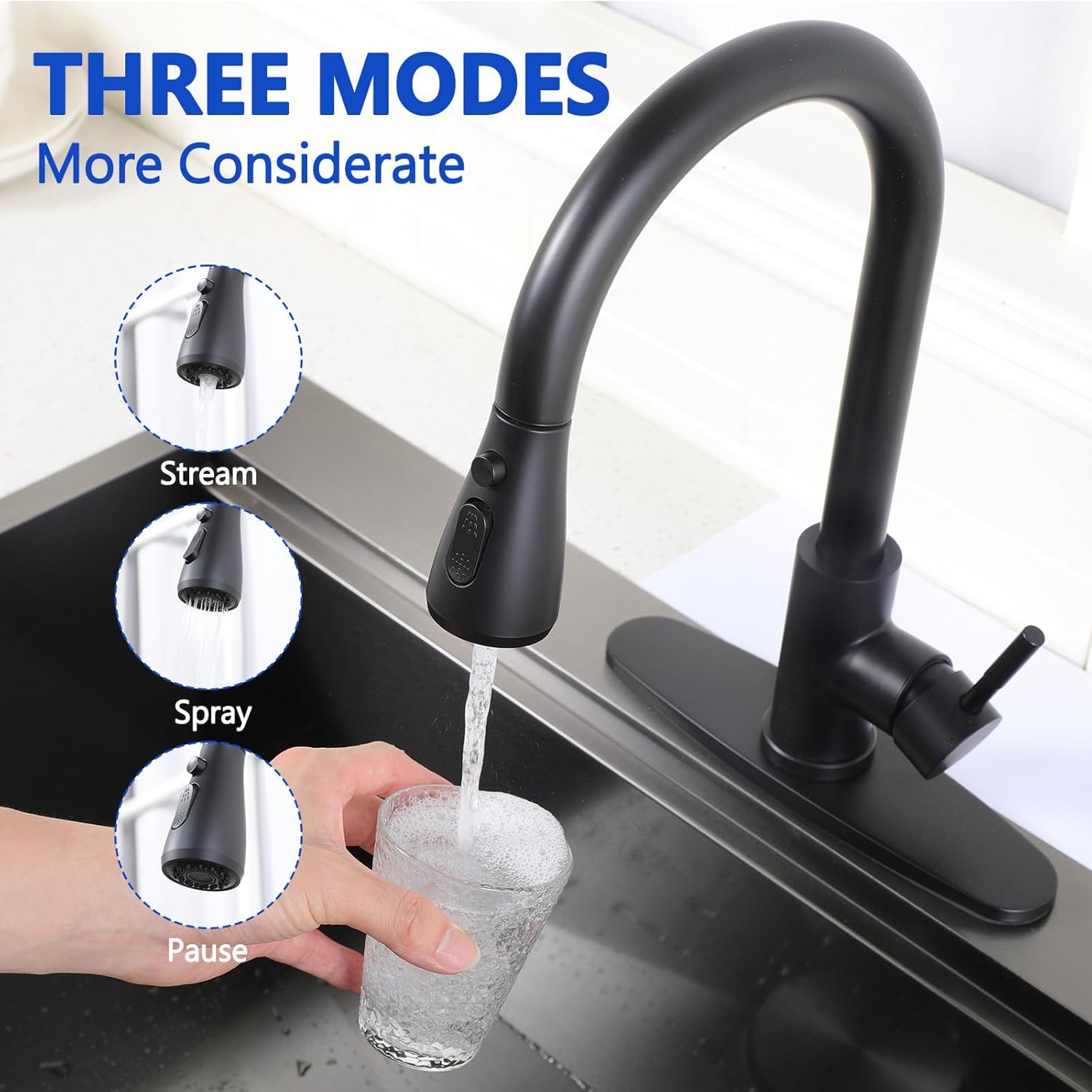 Black Kitchen Faucet with Pull Down Sprayer, Single Handle Kitchen Faucet Matte Black, Stainless Steel Suitable for 1 or 3 Hole Sinks for Farmhouse, RV, Laundry, Bar, RC-KYT010B-D