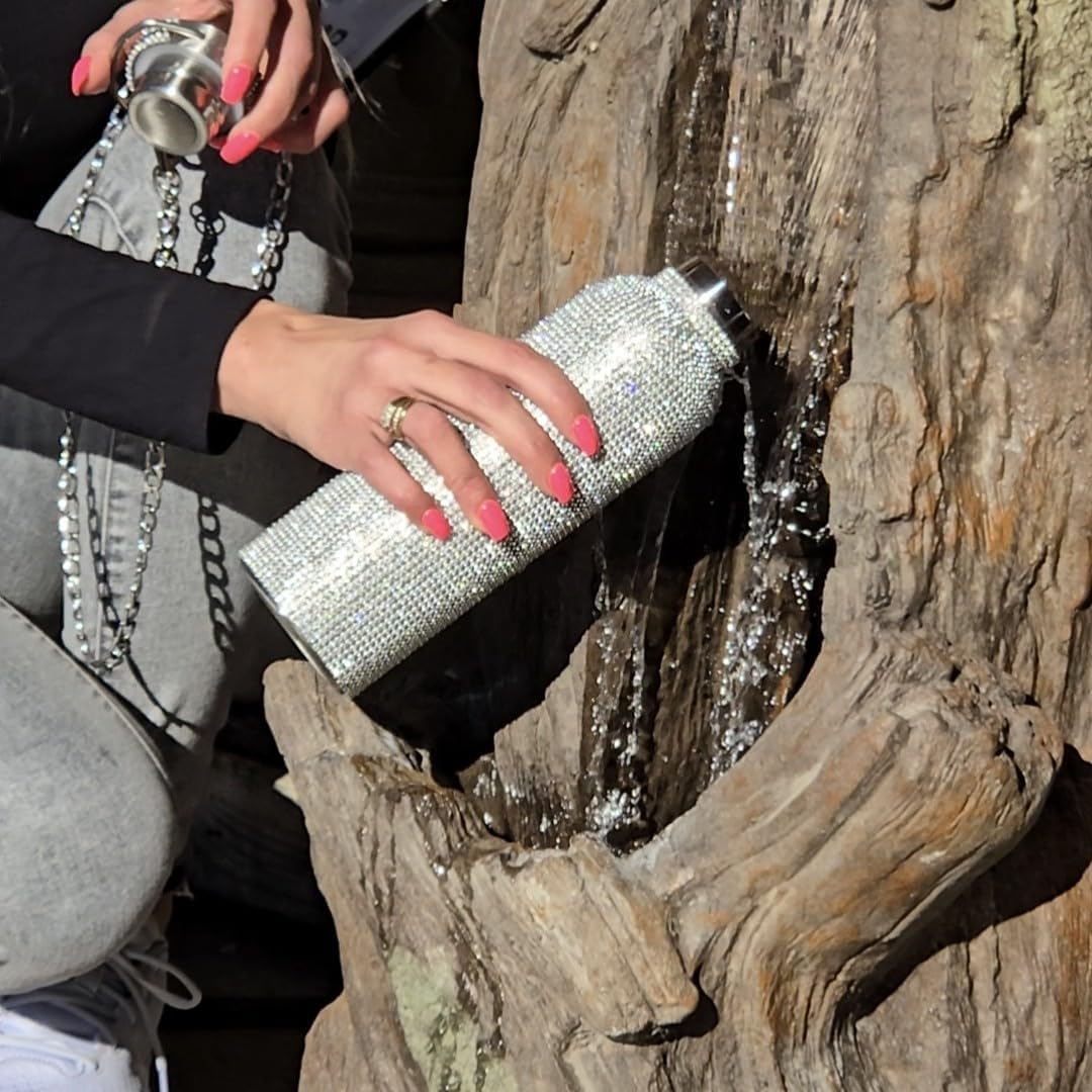 Silver Bling Water Bottle with 5000 Glitter Rhinestones & Crossbody Chain, 25oz Stainless Steel Vacuum Insulated Tumbler, Leak Proof, Keeps Drinks Cold 24h and Hot 6h