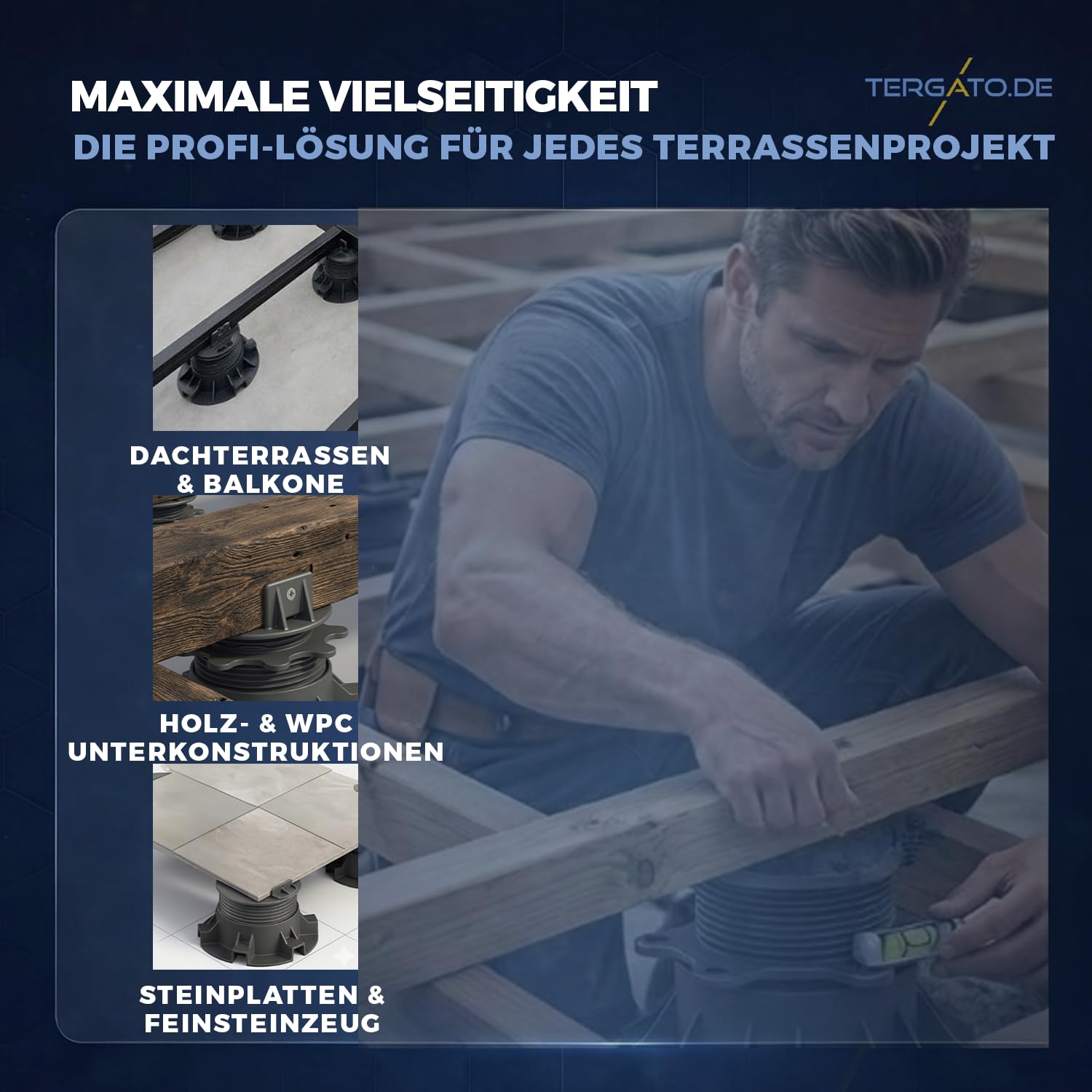 Cuscinetto regolabile in altezza 35-65 mm, set da 10 pezzi, con 10 viti in acciaio inox – Made in Germany – Cuscinetto da terrazza per WPC, legno e alluminio – Piedini regolabili
