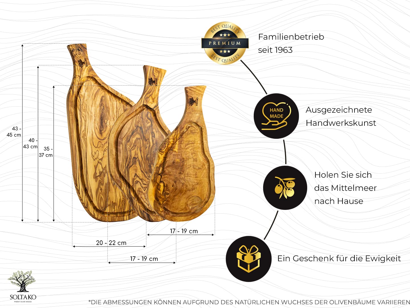 SOLTAKO Olivenholz Steakbrett mit Saftrille 3er Set (35/40/45cm) Schneidebretter aus Oliven Holz mit Griff