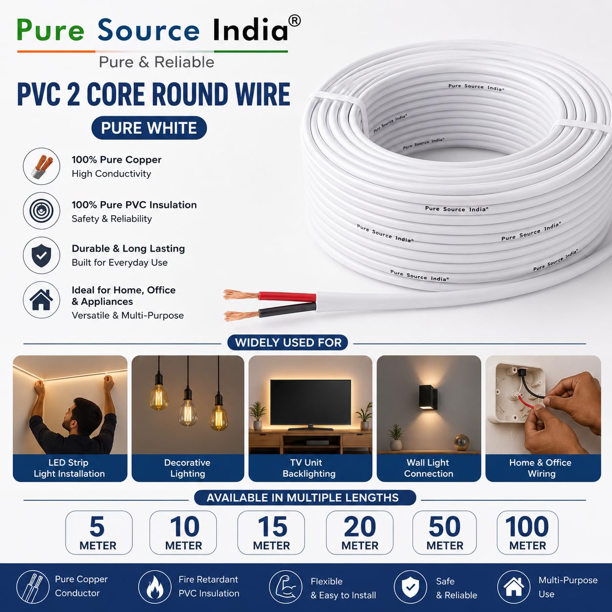 Pure Source India Flexible 0.25mm x 2 Core Round Copper Electrical Wire, Load Capacity- 2 Ampere / 450 Watt (White -15 MTR.) — Amazon image 2