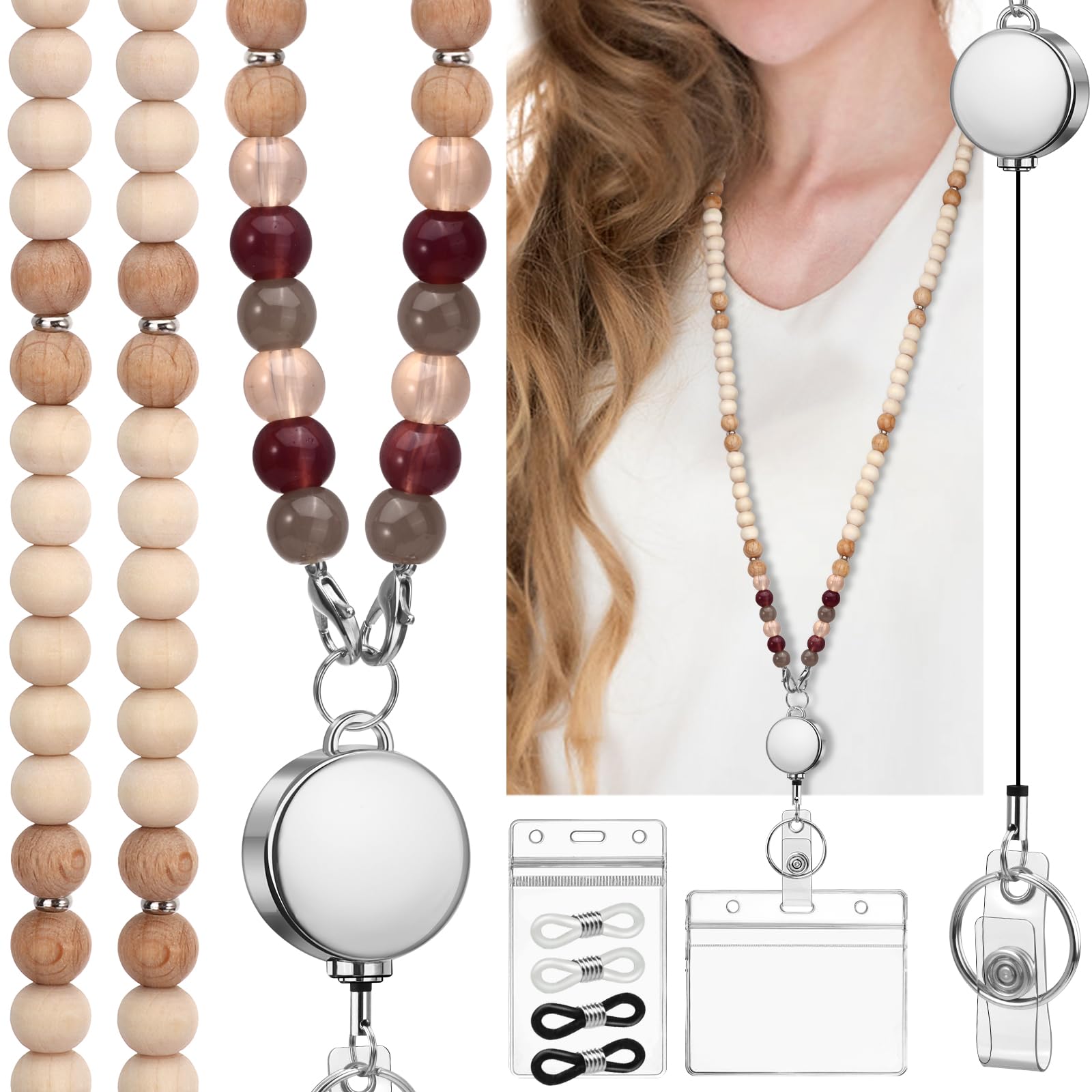 Retractable Lanyards For ID Badges And Keys, Cute Silicone Beaded Breakaway Teacher Lanyard Id Holder Wrist Strap Phone Tether Women Nurses Office School - View #7
