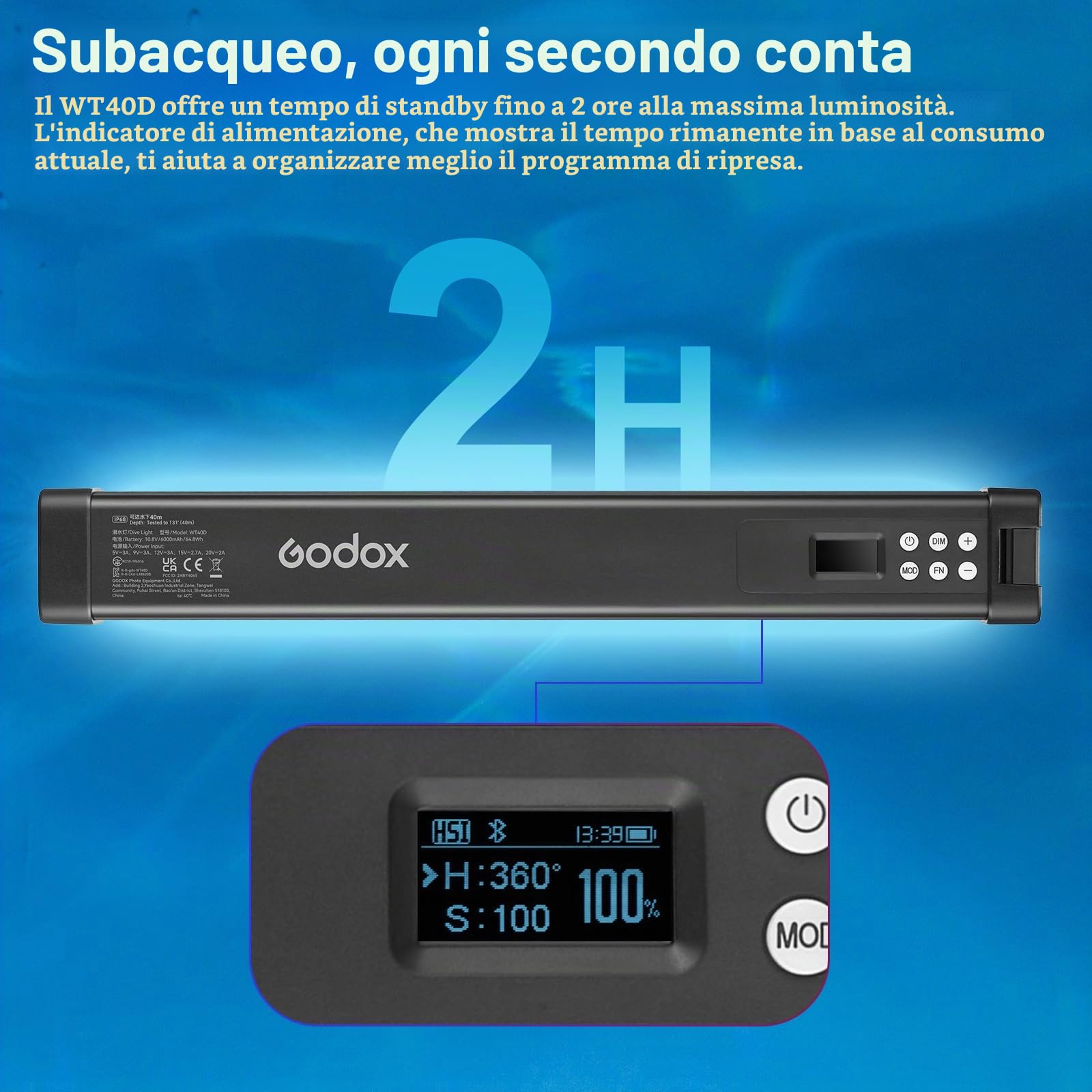 GODOX WT40D Tubo Luce LED Stick IP68 Impermeabile Illuminazione Fotografia | CCT 5600K, TLCI96+ CRI96+, 13 Effetti FX, IP68 40m Subacquea, per Fotografia Subacquea, Registrazione Subacqueo