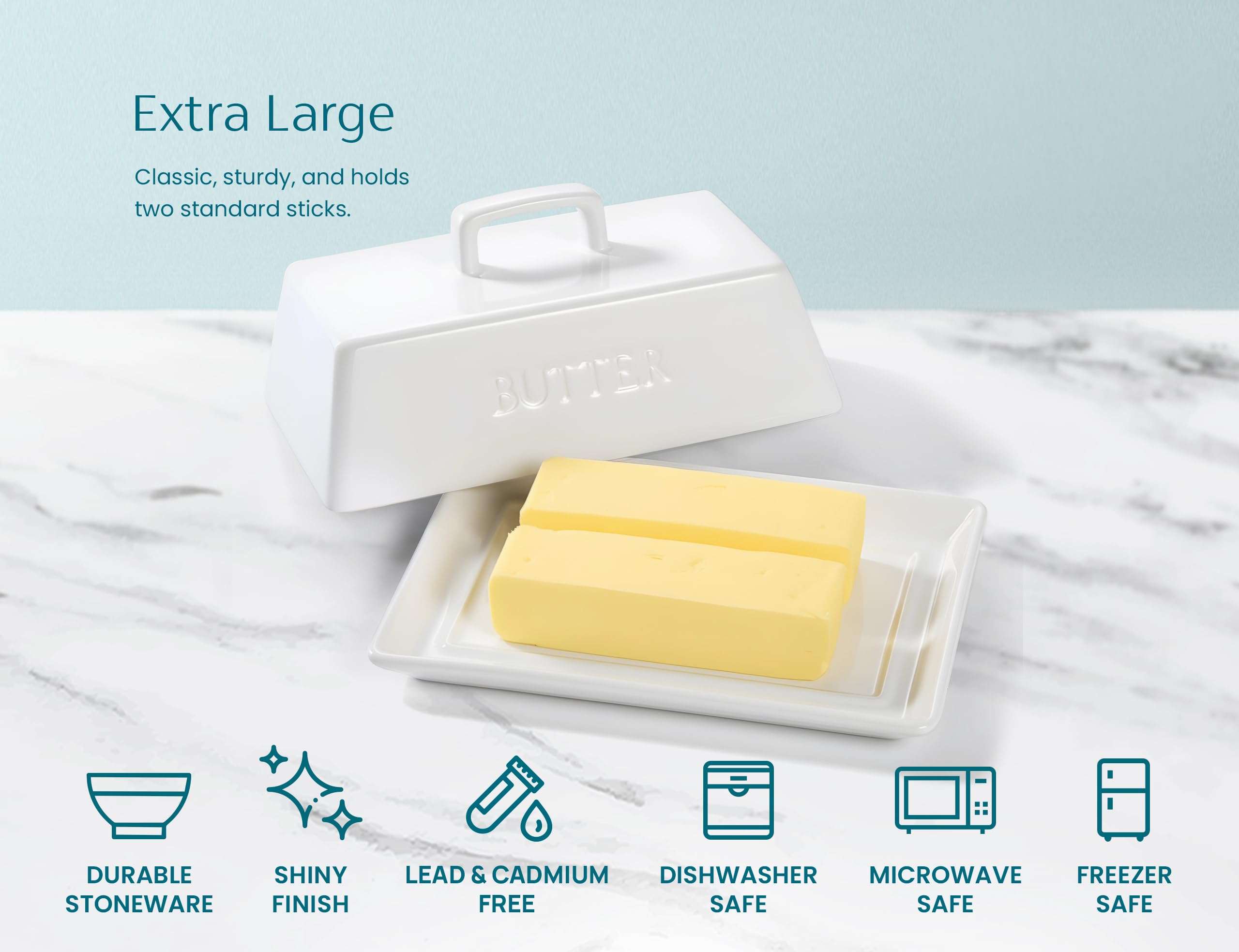 Kook Beurrier extra large en céramique avec couvercle, peut contenir 2 bâtons, compatible avec East Coast, West Coast, style européen et Kerrygold Butter Keeper, plateau de service avec couvercle