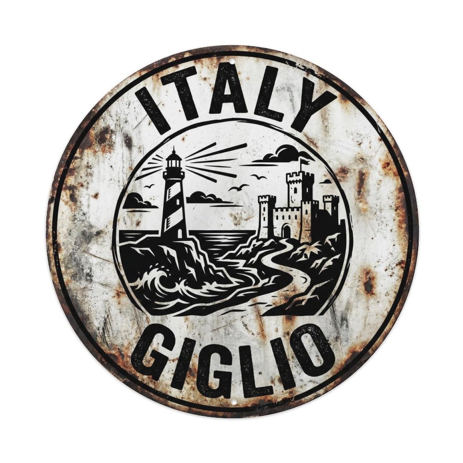 Giglio Lighthouse Italian Black White Beach Destination Metal Tin Sign