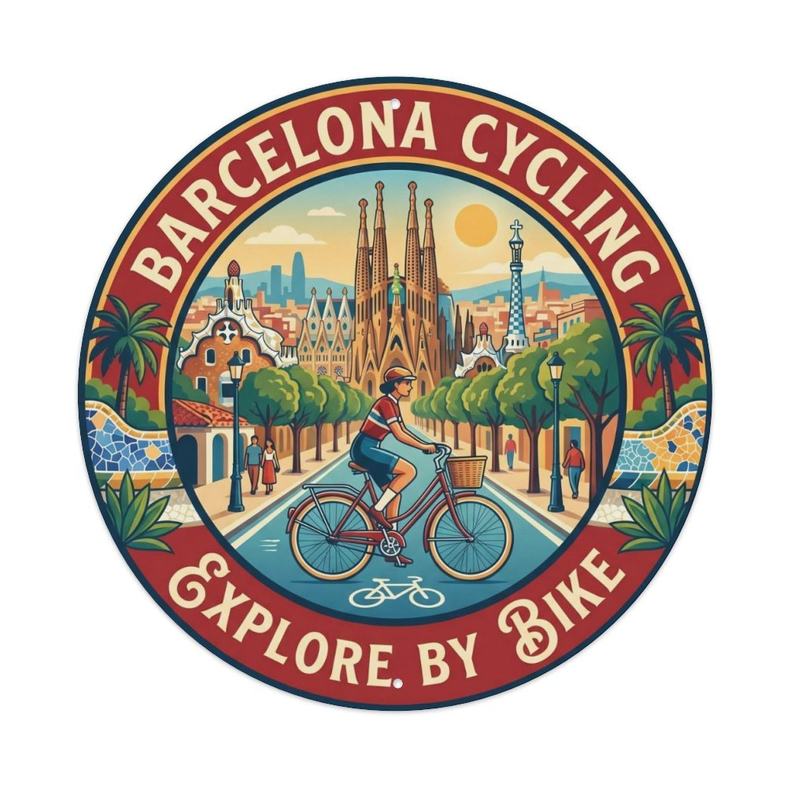 Vintage Travel Barcelona Bicycle Catalan Explore Metal Tin Sign Plaque Wall Decor for Cafe, Club, Garden Round Metal Poster 8x8Inch
