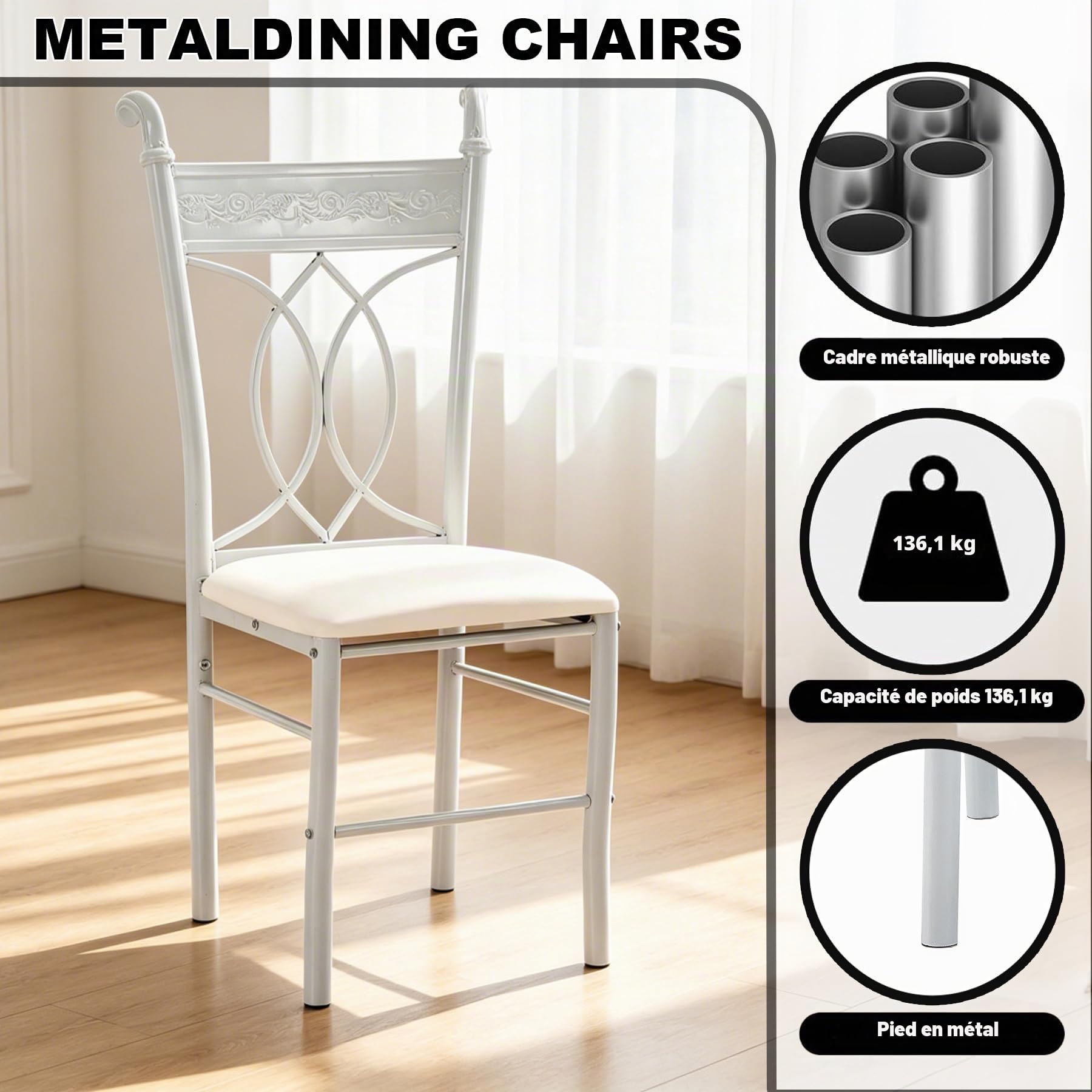 Chaises de Salle à Manger Lot de 4, Chaise de Cuisine avec Pieds en Métal, Assise Rembourrée en Cuir, Dossier Sculpté, Pieds Antidérapants, pour Salle à Manger, Salon, Jardin, Événements, Blanc
