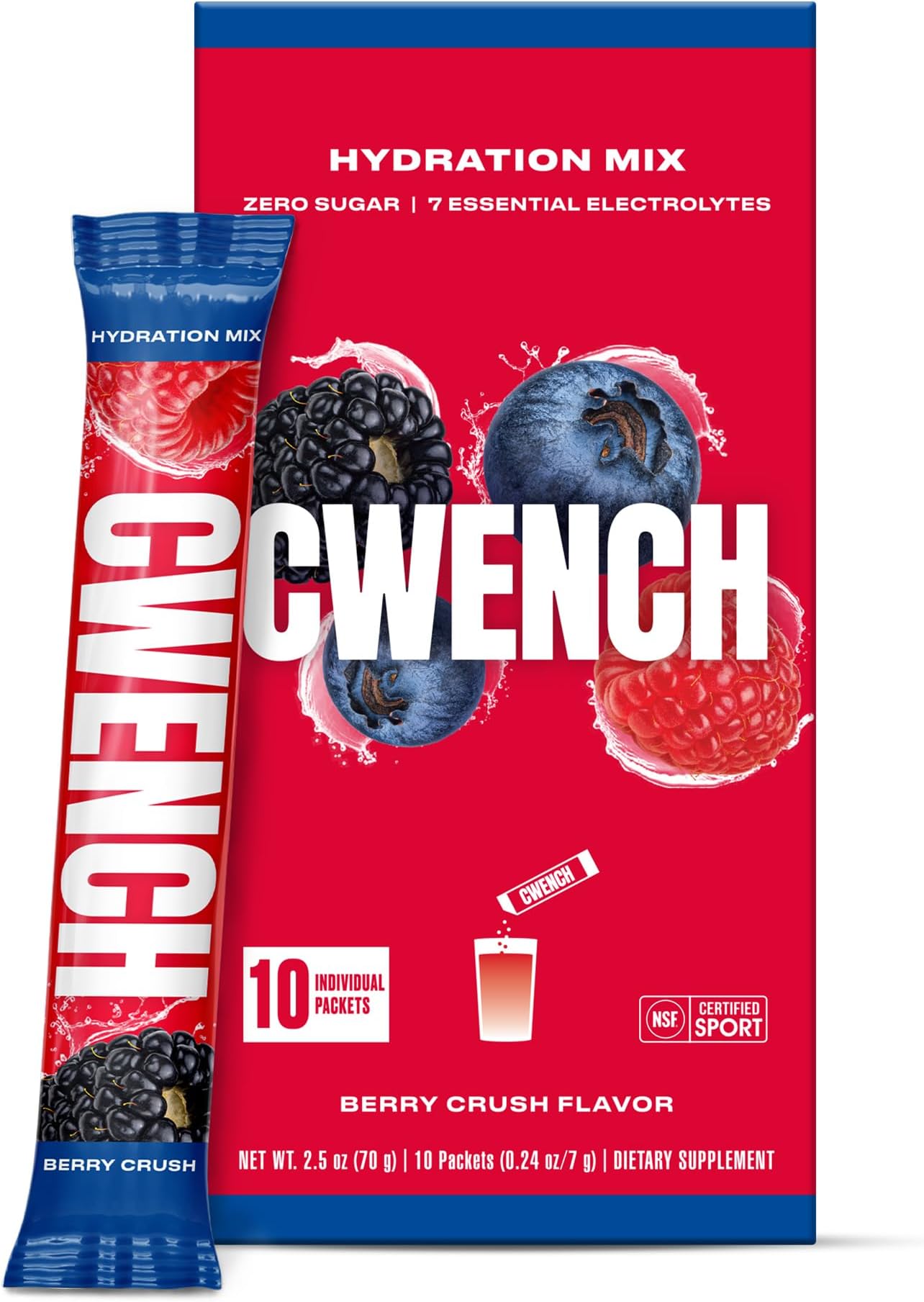 Cwench Hydration Electrolyte Mix + BCAA - Berry Crush 10 Count | NSF Certified | No Added Sugar | No Artificial Sweeteners | Premium Electrolytes | 10 x 7 g stick box