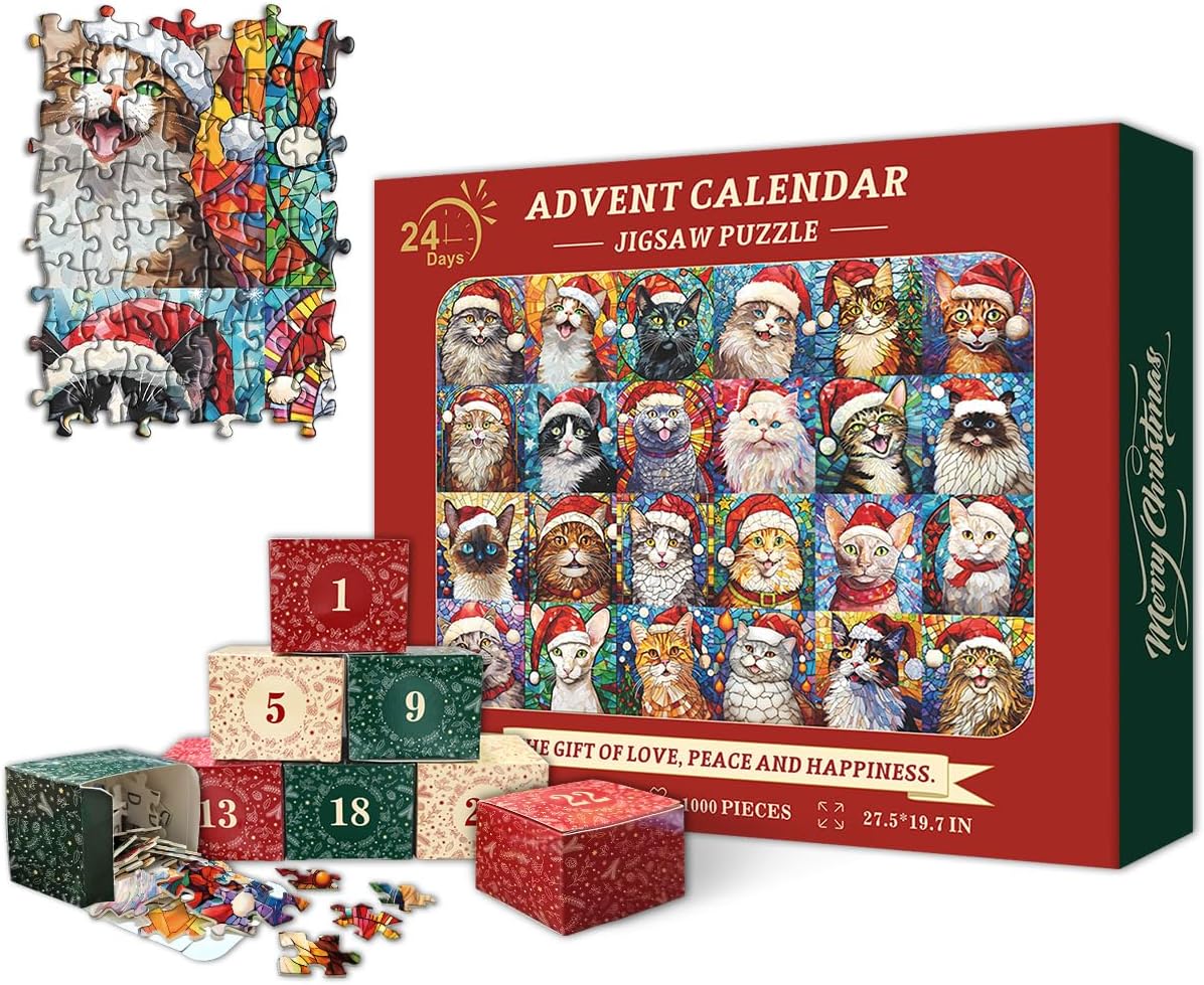 PICKFORUChristmas Advent Calendar 2024 Puzzles for Adults 1000 Pieces, Cat Mosaic Stained Glass Puzzle Countdown Calendar, Colorful Animal Christmas Jigsaw Puzzles as Home Decor