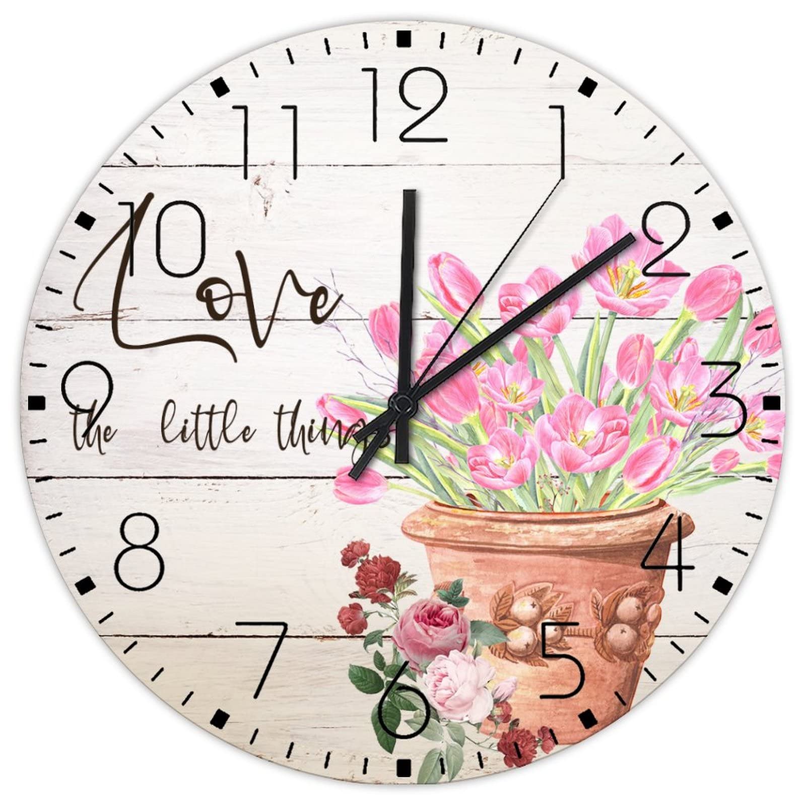 Horloge murale en bois Love The Little Things - Déco ronde fleurs aquarelle champêtre