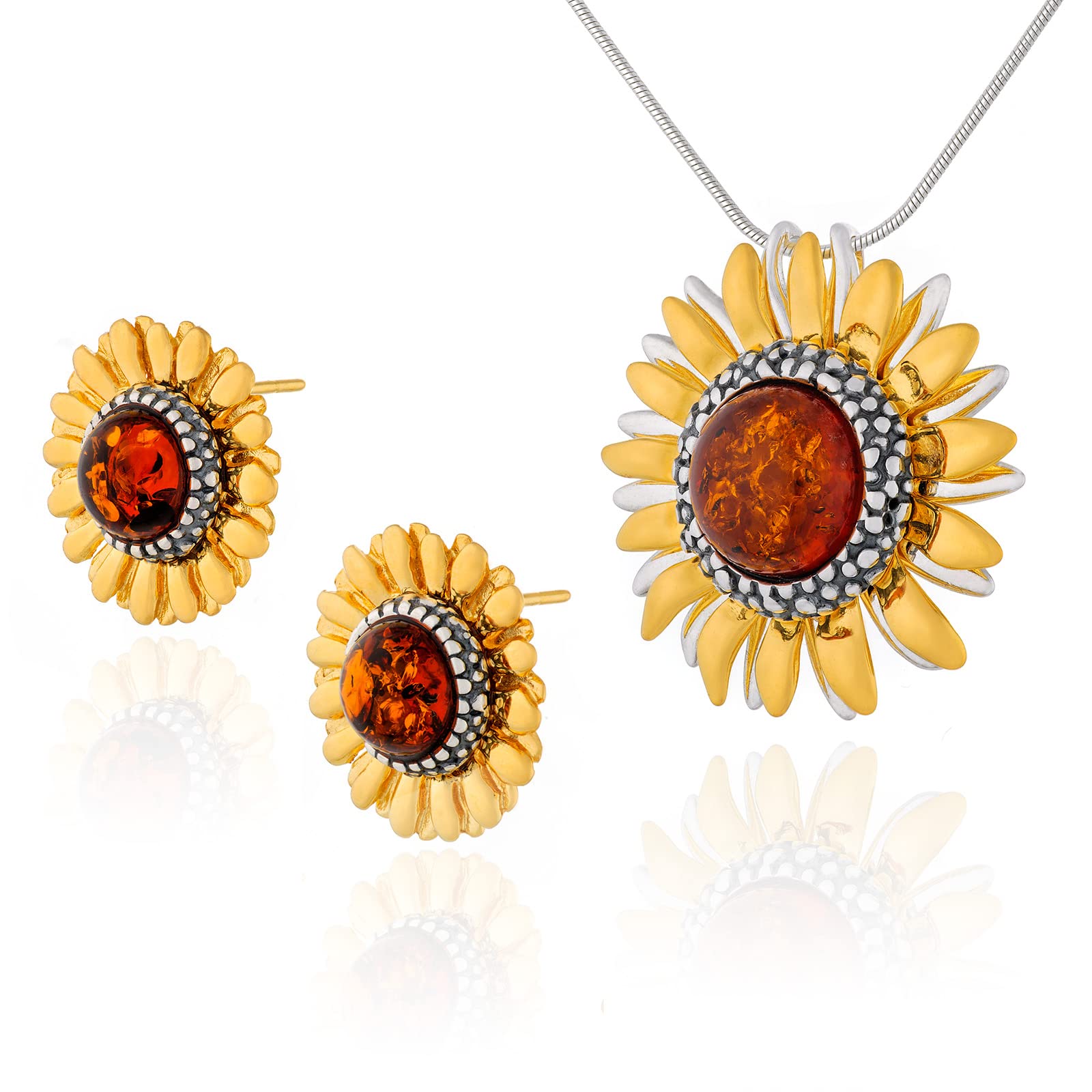 Set di gioielli da donna in argento sterling placcato oro, ambra baltica color cognac, ciondolo placcato oro su collana e orecchini, Argento sterling, Ambra