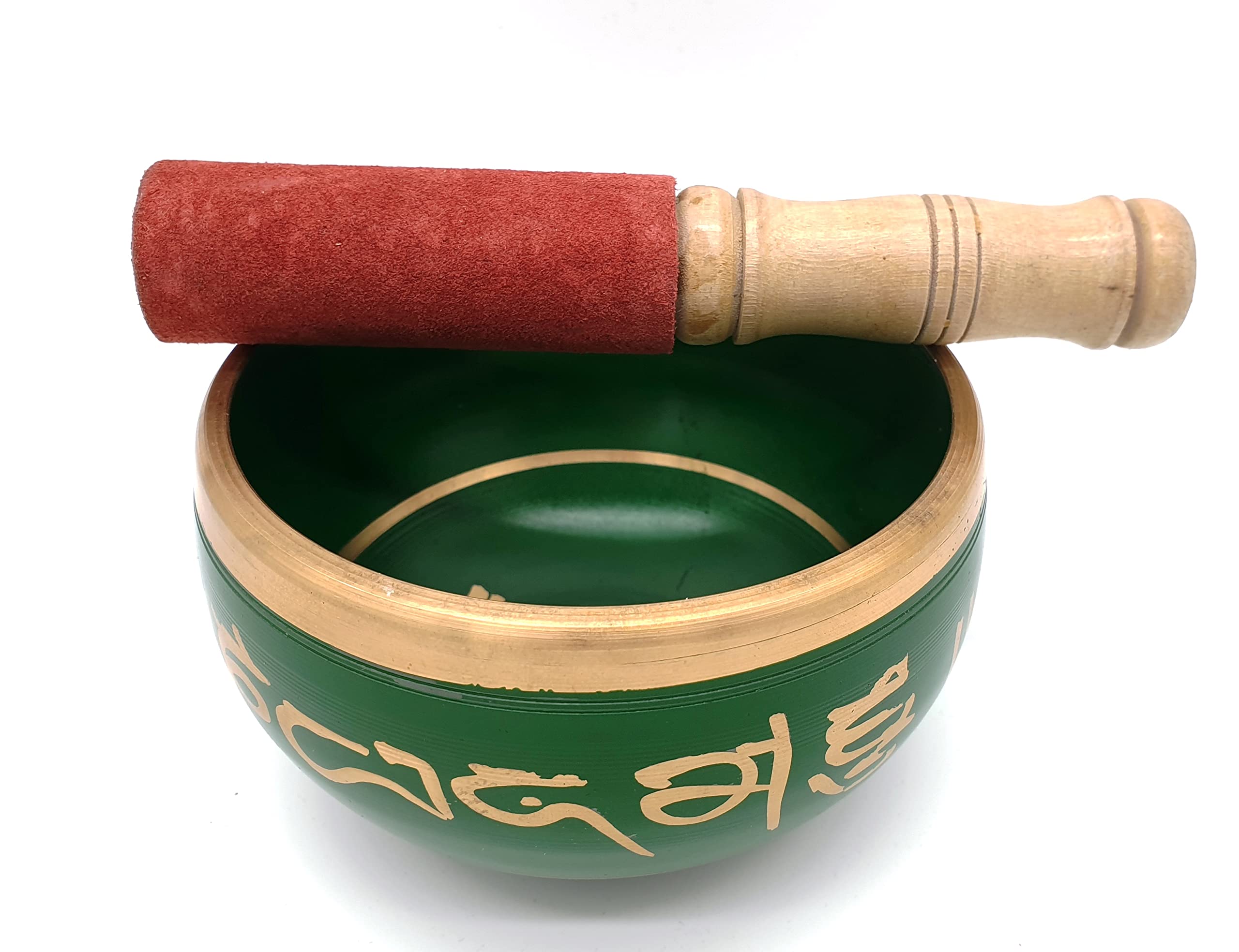 Original Tibetische Klangschale Om Mani handgefertigt Messing massiv 500 g 11,5 cm handbemalt grün goldfarben mit Klöppel