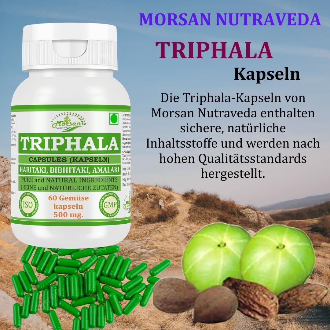 Triphala-Kapseln 500 mg. 60 Veganer. Einheiten | Amalaki (Emblica officinalis) Haritaki (Terminalia chebula) Bibhitaki (Terminalia belerica) Extrakt-Kapseln | 10:1 Stärke (2 Flasche mit 60 Kapseln)