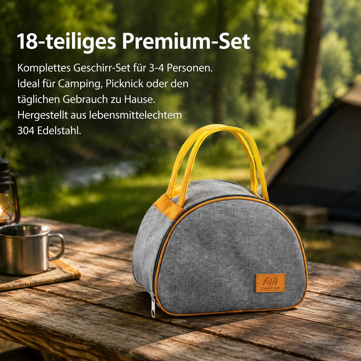 18-teiliges Besteck-Set, mattes Camping-Geschirr aus 304 Material, tragbares Essbesteck mit Beutel, chinesischer Stil, Modern; Minimalistisch; Funkti
