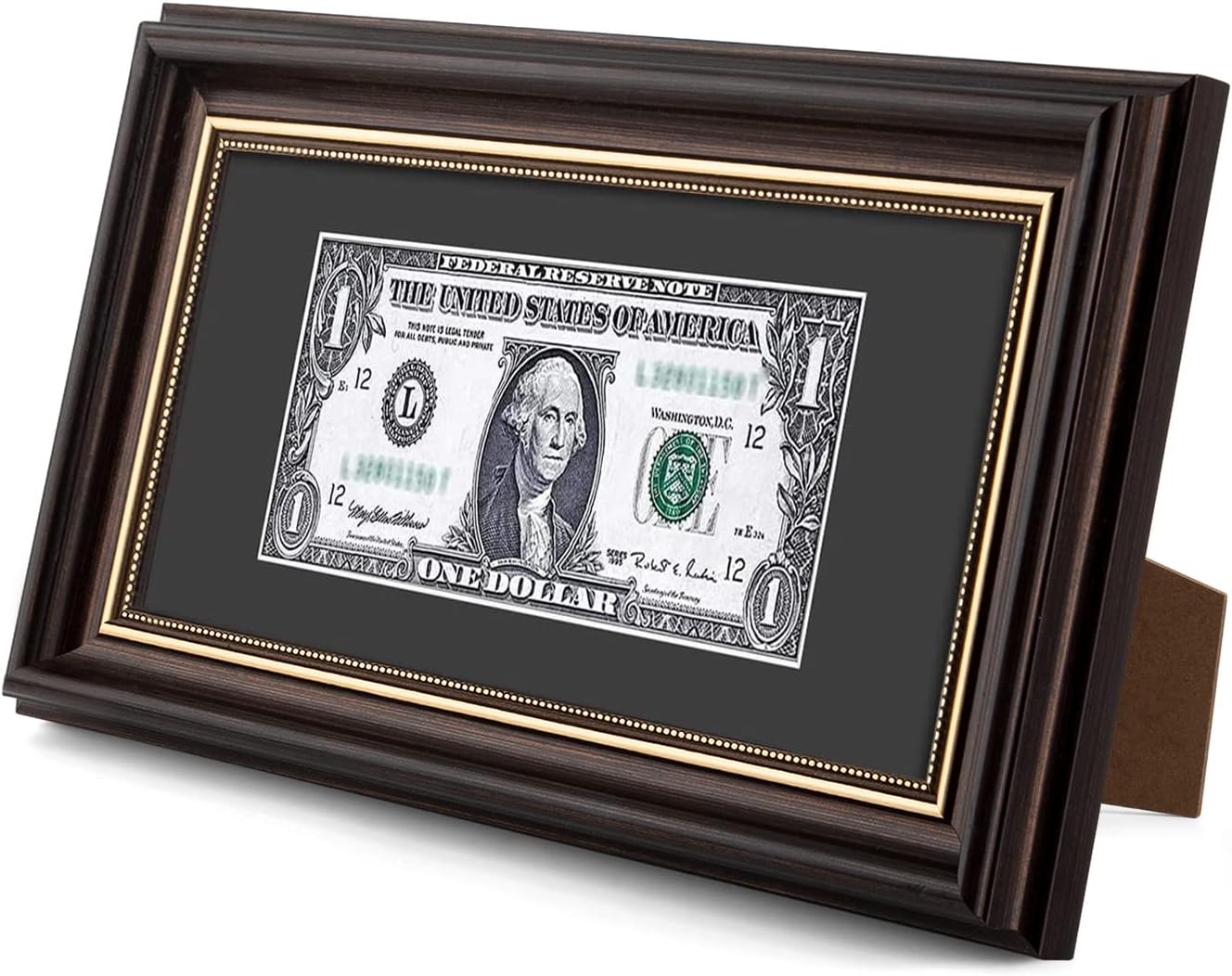 4x9 First Dollar Bill Frame,Easel Stand & Real Glass,Ornate Brown Design