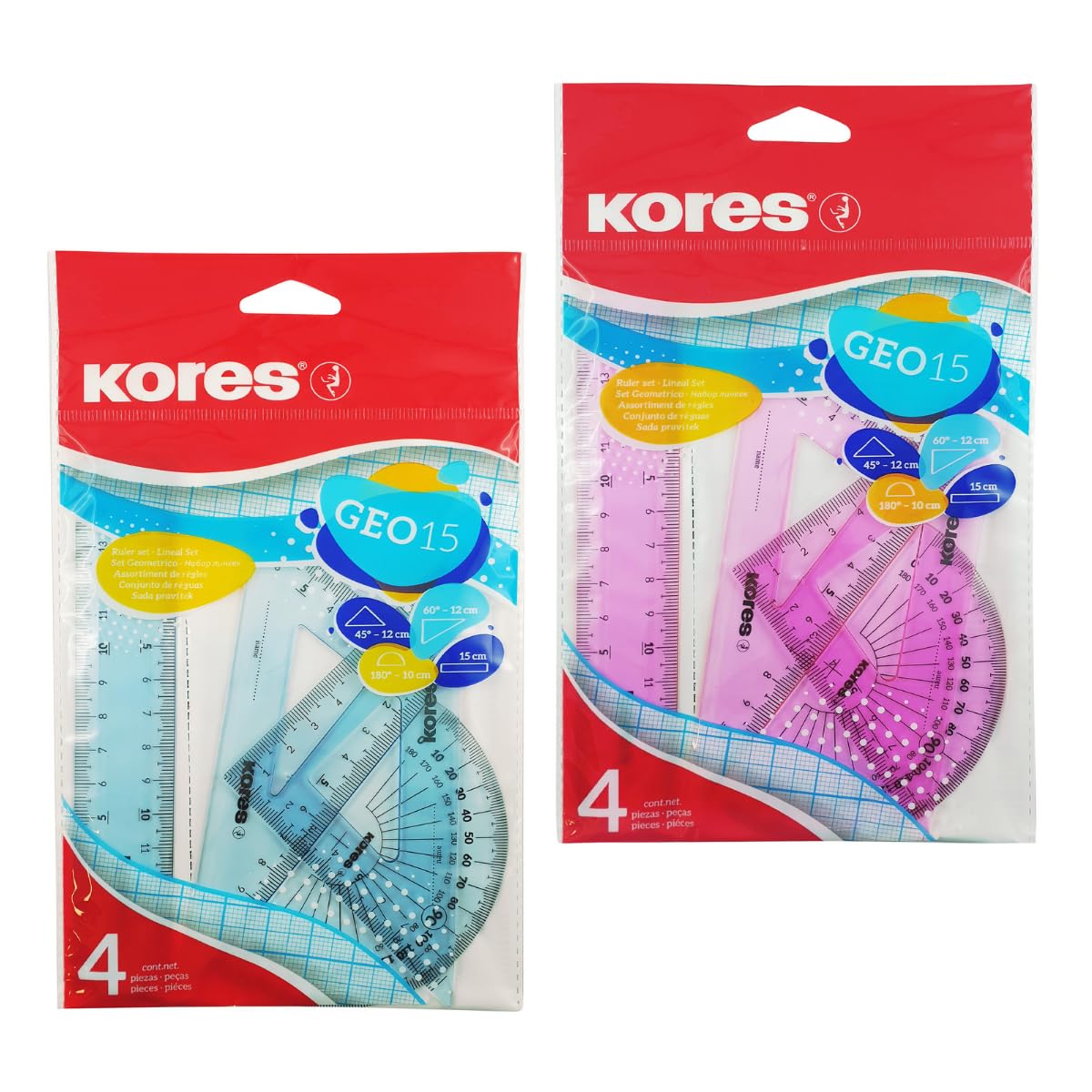 Kores GEO-15 4-Piece Geometry Set - Protractor, 15cm ruler, Assorted