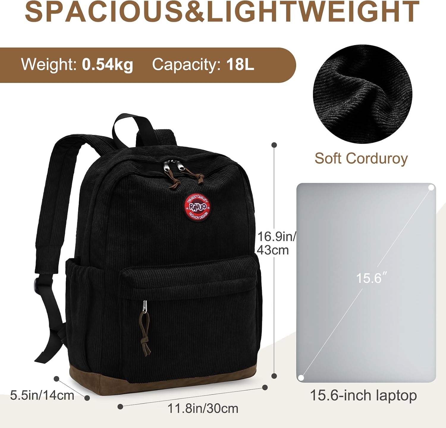 RAVUO Corduroy Backpack for Girls Women, Vintage School Bookbag, Black image 2