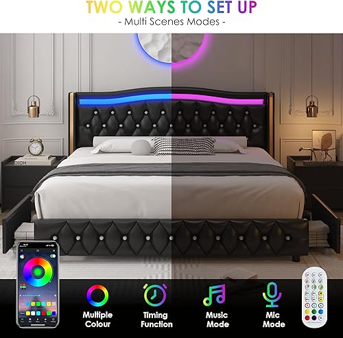 Miniatura 7 de HIFIT Base de cama con plataforma LED inteligente con 4 cajones de almacenamiento, cabecera con botones de cristal y ribete dorado inoxidable, marco