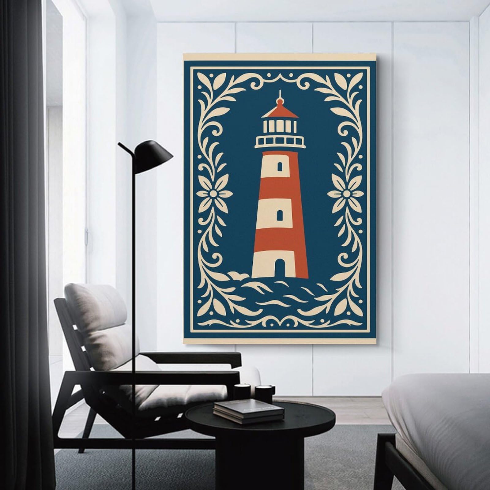 Junmoney Decorative Canvas Print Lighthouse Illustration with Floral Border, 20x30inch(50x75cm), for New Homes, Bedrooms Or Workspaces, A Wall Art Gift for Fresh Interiors