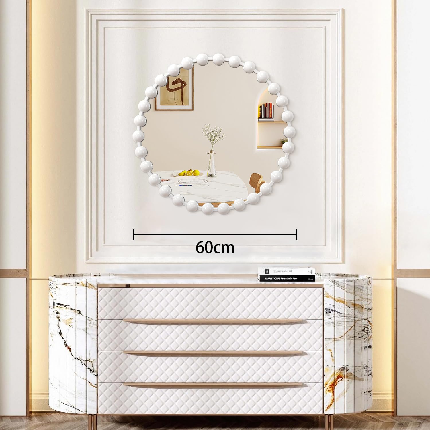 AAZZKANG Specchi circolari bianchi da parete con cornice in metallo con perline Specchio rotondo grande per bagno e camera da letto