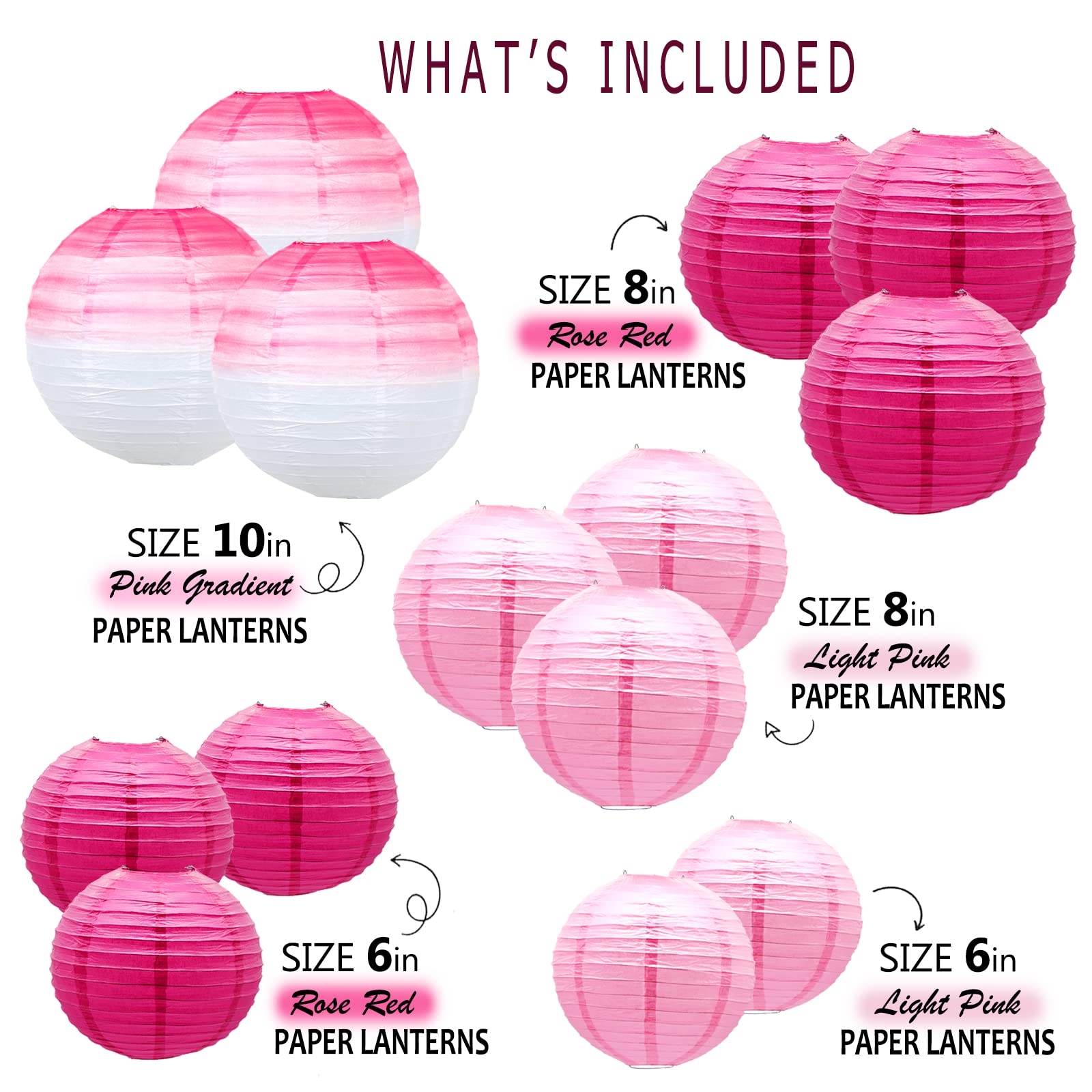 14 PCS Paper Lanterns, Gradient Colorful Pink Round Paper Lanterns Decorative Lantern Lamps, Hanging Lantern Chinese Tissue Indoor Room Outdoor Party Supplies Decoration