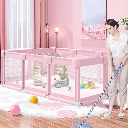 Corralito de juego grande rosa para bebés, corralito de 74 x 50 pulgadas para niñas, patios de juegos grandes para bebés en interiores y exteriores,