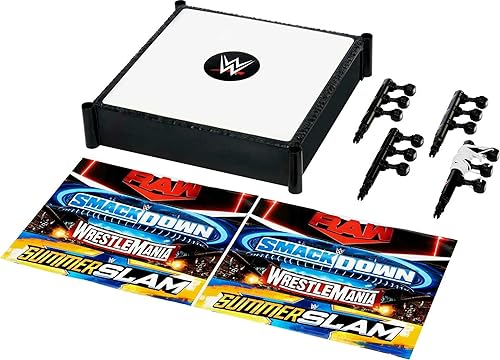 Mattel WWE Superstar Anillo de 14 pulgadas con alfombrilla con resorte, 4 calcomanías para delantales de eventos y cuerdas de tensión profesional