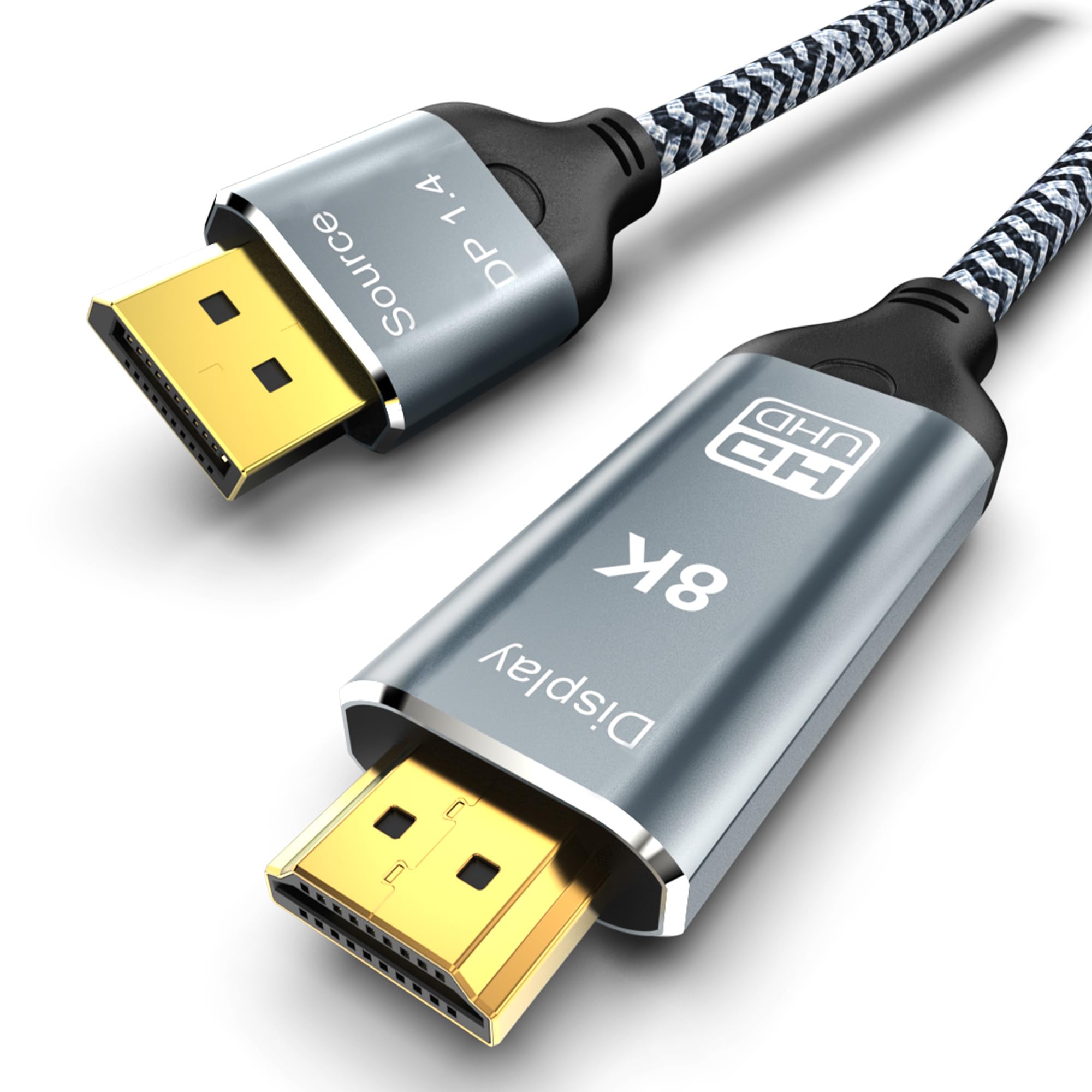 Câble DisplayPort vers HDMI 2.1 de 2,8 m 8K @ 60 Hz 4K @ 120 Hz Uni-directionnel DP (Source) vers HDMI (Display) Cordon tressé Prend en charge le port d'affichage HDCP 2.3 HDR10 pour AMD, NVIDIA et PC