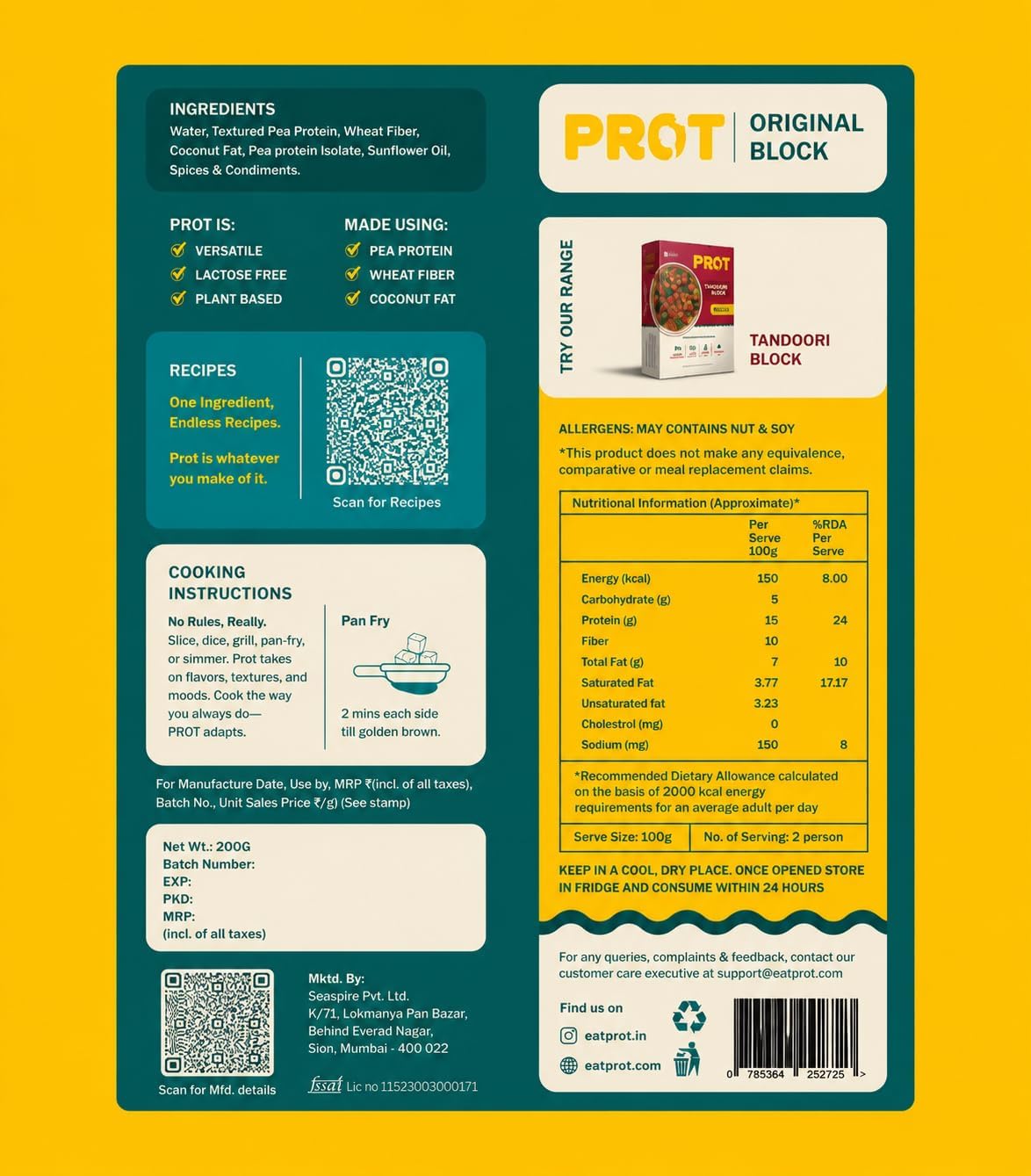 PROT 100% Unflavoured Plant Protein Block | 30g Protein & 20g Fiber | Pea Protein | Dairy-Free, Soy-Free, No Cholesterol | No Added Sugar | High Vegan Food | Easy to Cook | 600g (Pack of 1) — Amazon image 3