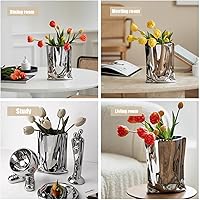 Vista 2 de Florero de cerámica de plata, forma de papel arrugado, acento decorativo para el hogar de metal (grande)