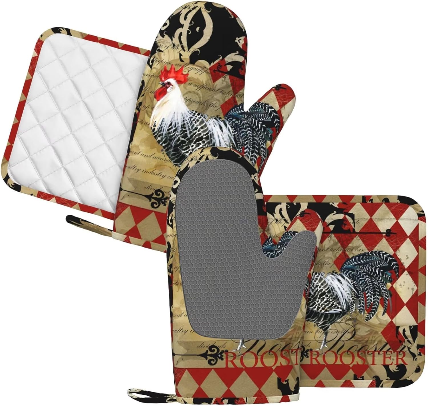Rooster Print Oven Mitts and Pot Holders Sets Silicone Rooster Kitchen Mitts Potholders Heat Resistant 4Pcs Oven Gloves Hot Pads for Kitchen Baking Cooking BBQ Grilling - Image 2